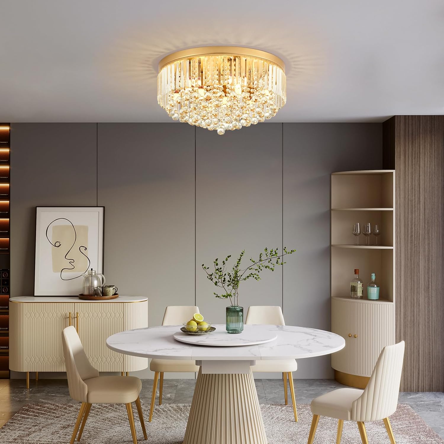 Luxury Modern Gold Crystal Chandelier – Adjustable Height Tiered Round Pendant Light, Dimmable LED Ceiling Fixture for Living & Dining Room