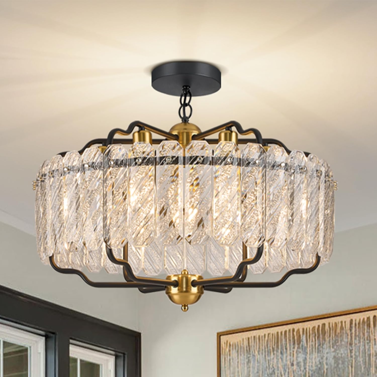 Modern Round Crystal Chandelier, 24” Water Ripple Glass Pendant Light with Black & Gold Frame, Adjustable Height for Dining Room, Living Room, Bedroom