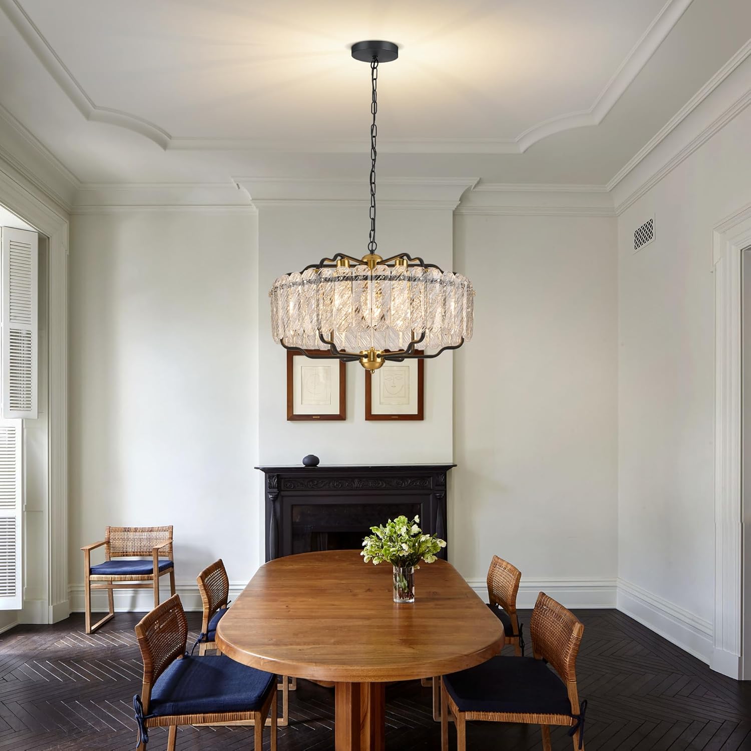 Modern Round Crystal Chandelier, 24” Water Ripple Glass Pendant Light with Black & Gold Frame, Adjustable Height for Dining Room, Living Room, Bedroom