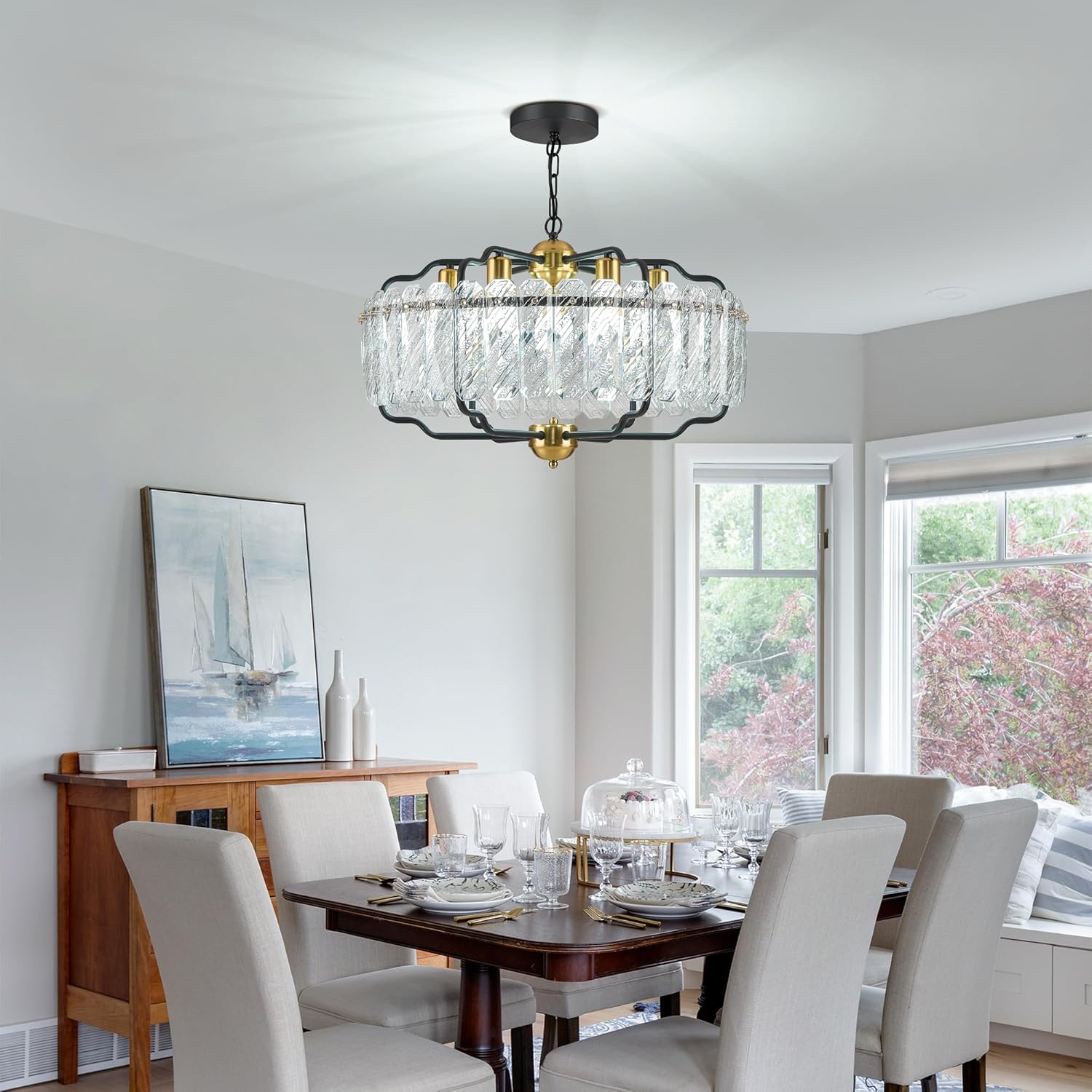 Modern Round Crystal Chandelier, 24” Water Ripple Glass Pendant Light with Black & Gold Frame, Adjustable Height for Dining Room, Living Room, Bedroom