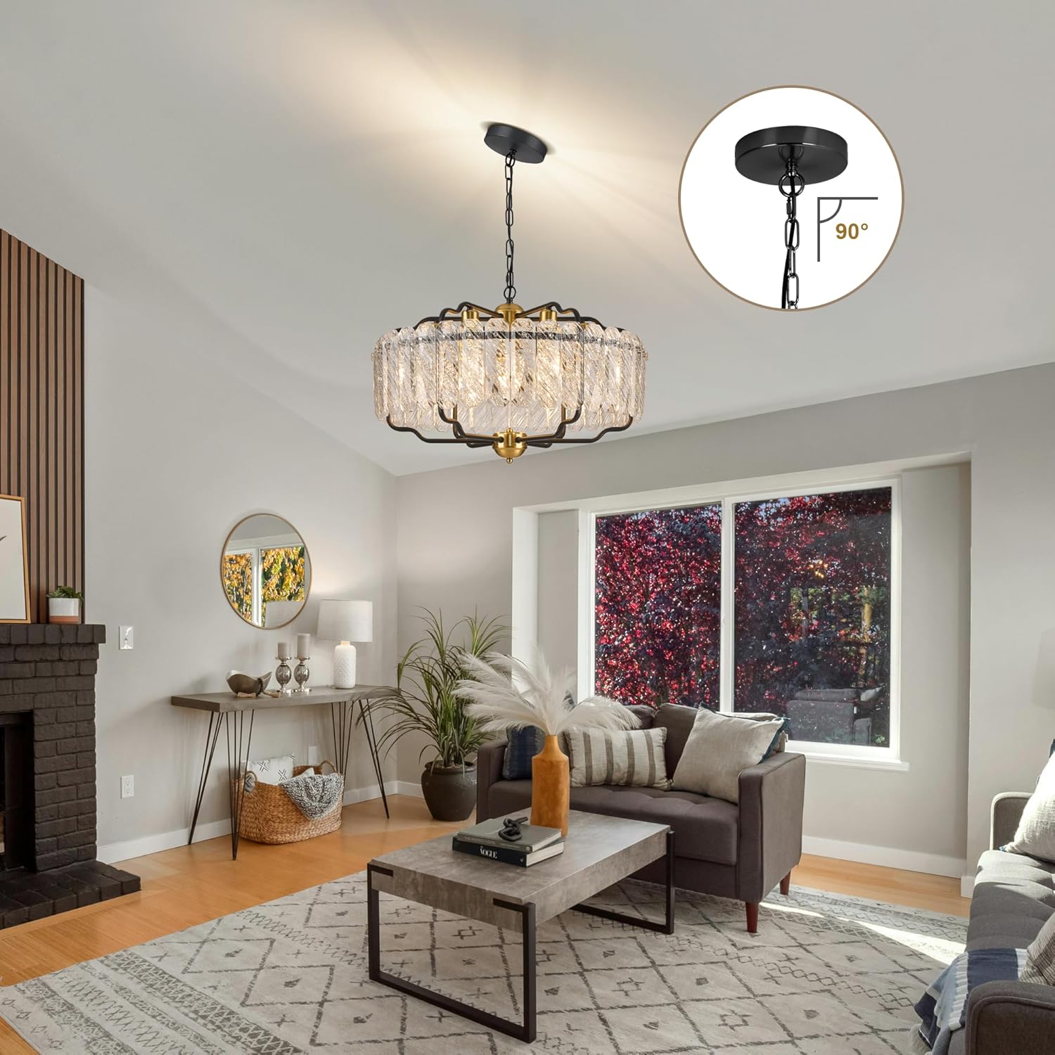 Modern Round Crystal Chandelier, 24” Water Ripple Glass Pendant Light with Black & Gold Frame, Adjustable Height for Dining Room, Living Room, Bedroom