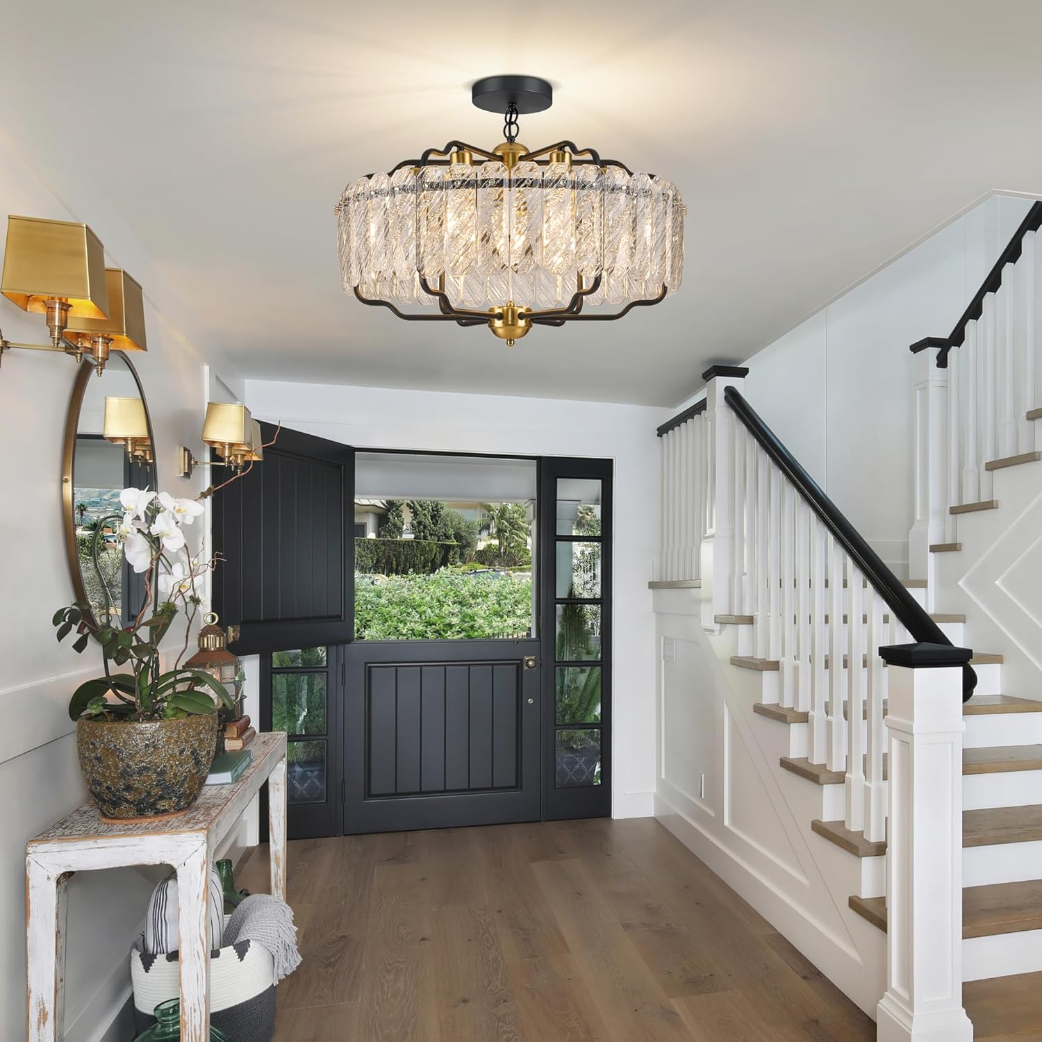 Modern Round Crystal Chandelier, 24” Water Ripple Glass Pendant Light with Black & Gold Frame, Adjustable Height for Dining Room, Living Room, Bedroom