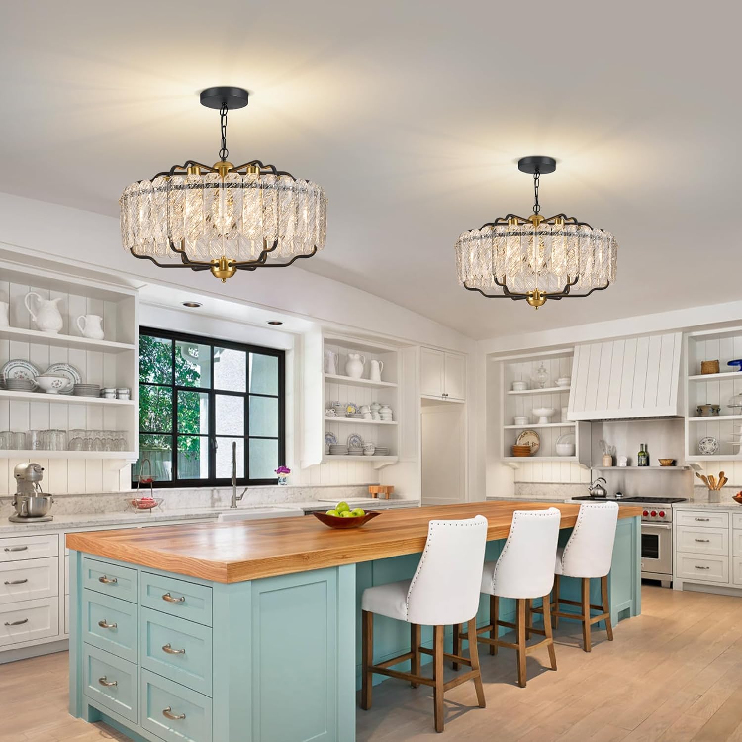 Modern Round Crystal Chandelier, 24” Water Ripple Glass Pendant Light with Black & Gold Frame, Adjustable Height for Dining Room, Living Room, Bedroom