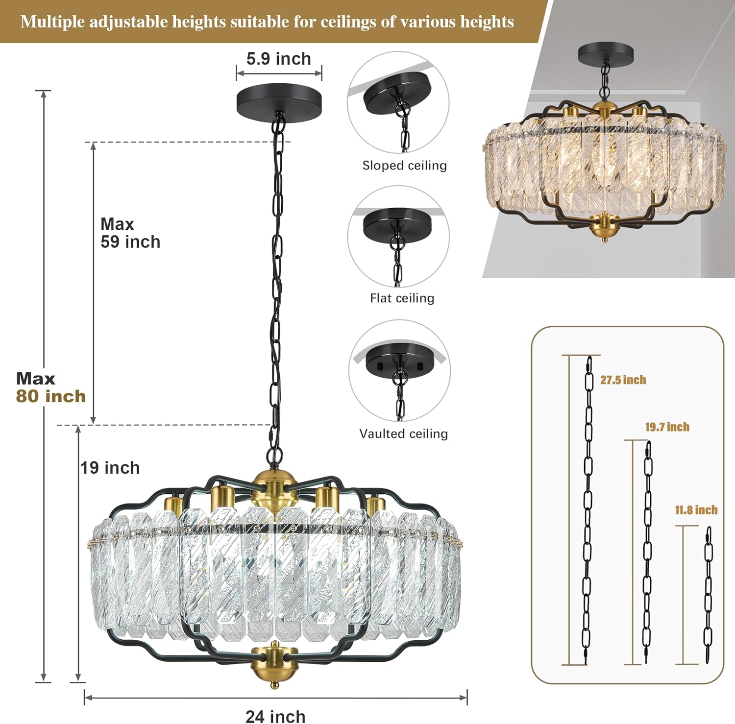 Modern Round Crystal Chandelier, 24” Water Ripple Glass Pendant Light with Black & Gold Frame, Adjustable Height for Dining Room, Living Room, Bedroom