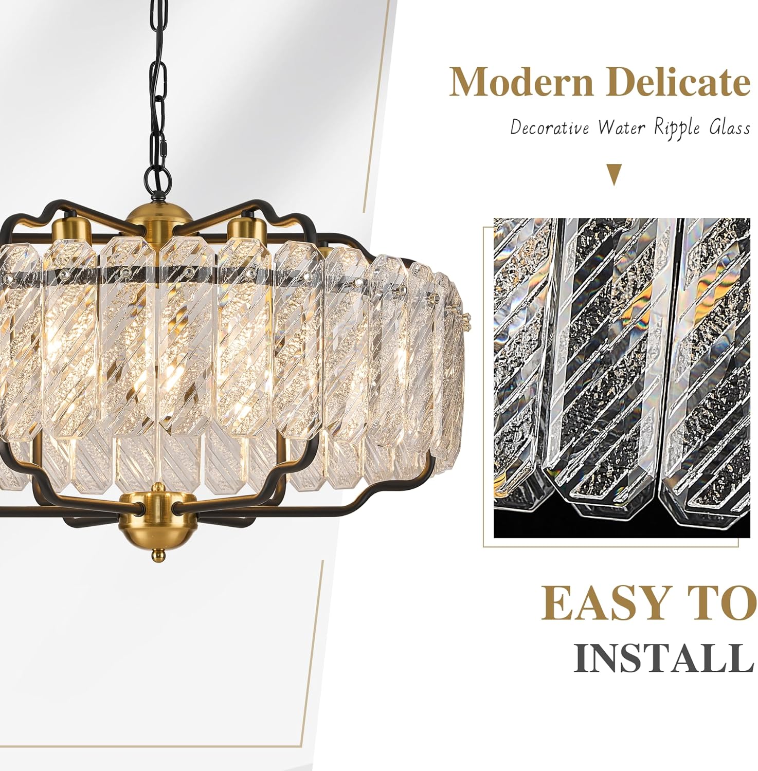 Modern Round Crystal Chandelier, 24” Water Ripple Glass Pendant Light with Black & Gold Frame, Adjustable Height for Dining Room, Living Room, Bedroom