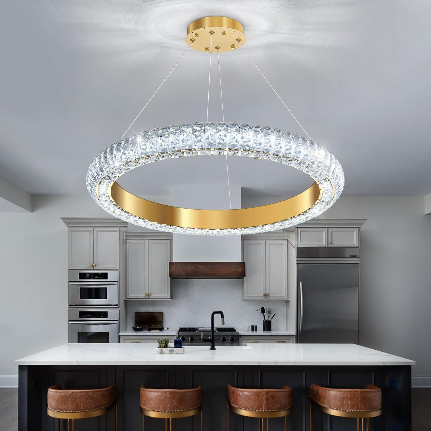 Modern Dimmable LED Ring Chandelier - Adjustable Gold Crystal Pendant Light