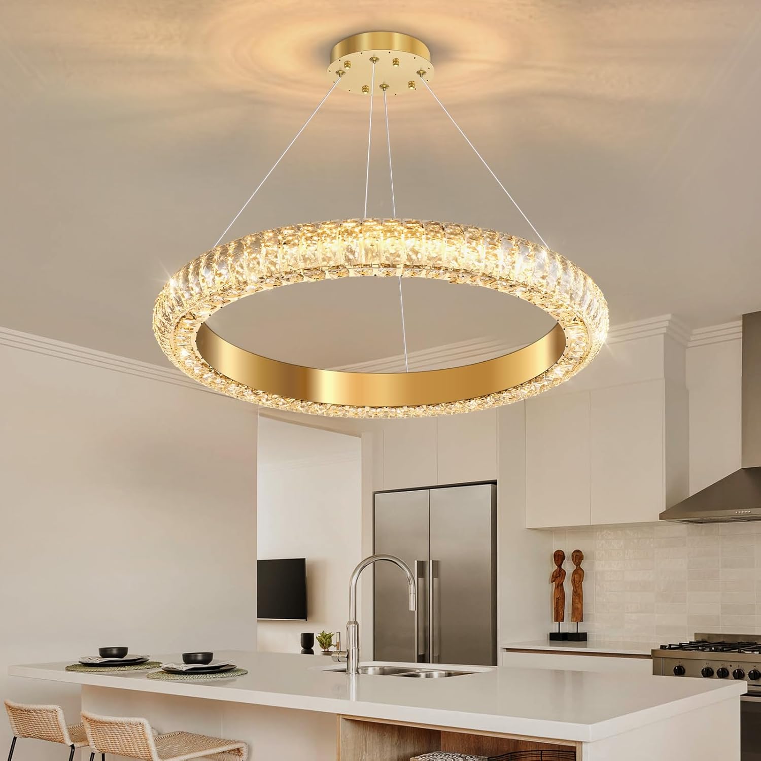Modern Dimmable LED Ring Chandelier - Adjustable Gold Crystal Pendant Light