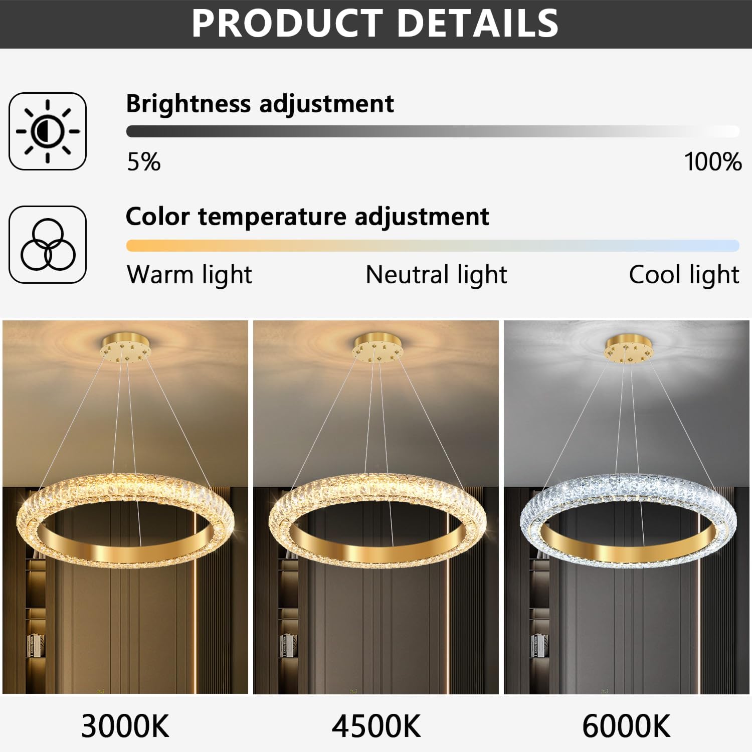 Modern Dimmable LED Ring Chandelier - Adjustable Gold Crystal Pendant Light