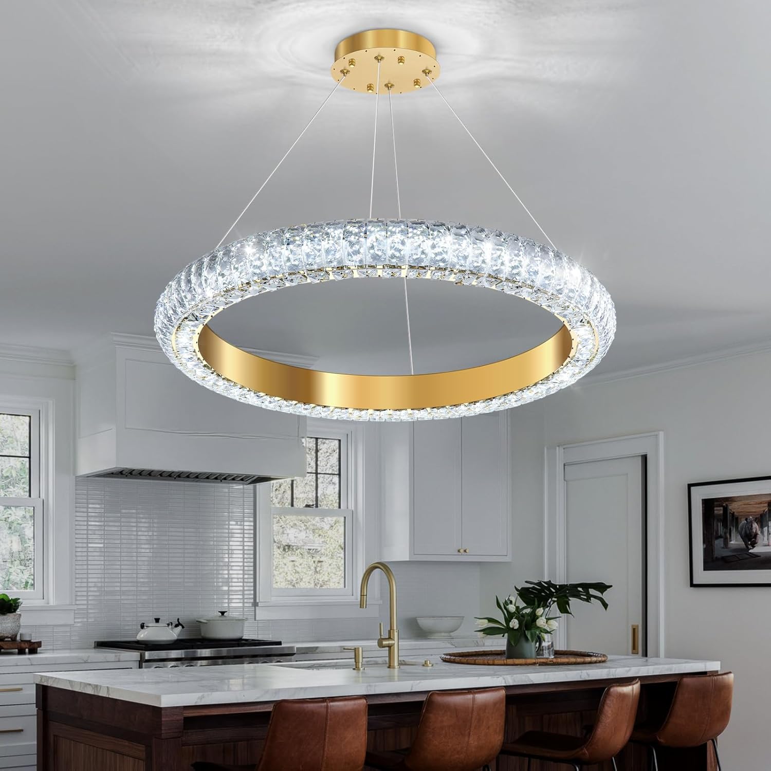Modern Dimmable LED Ring Chandelier - Adjustable Gold Crystal Pendant Light