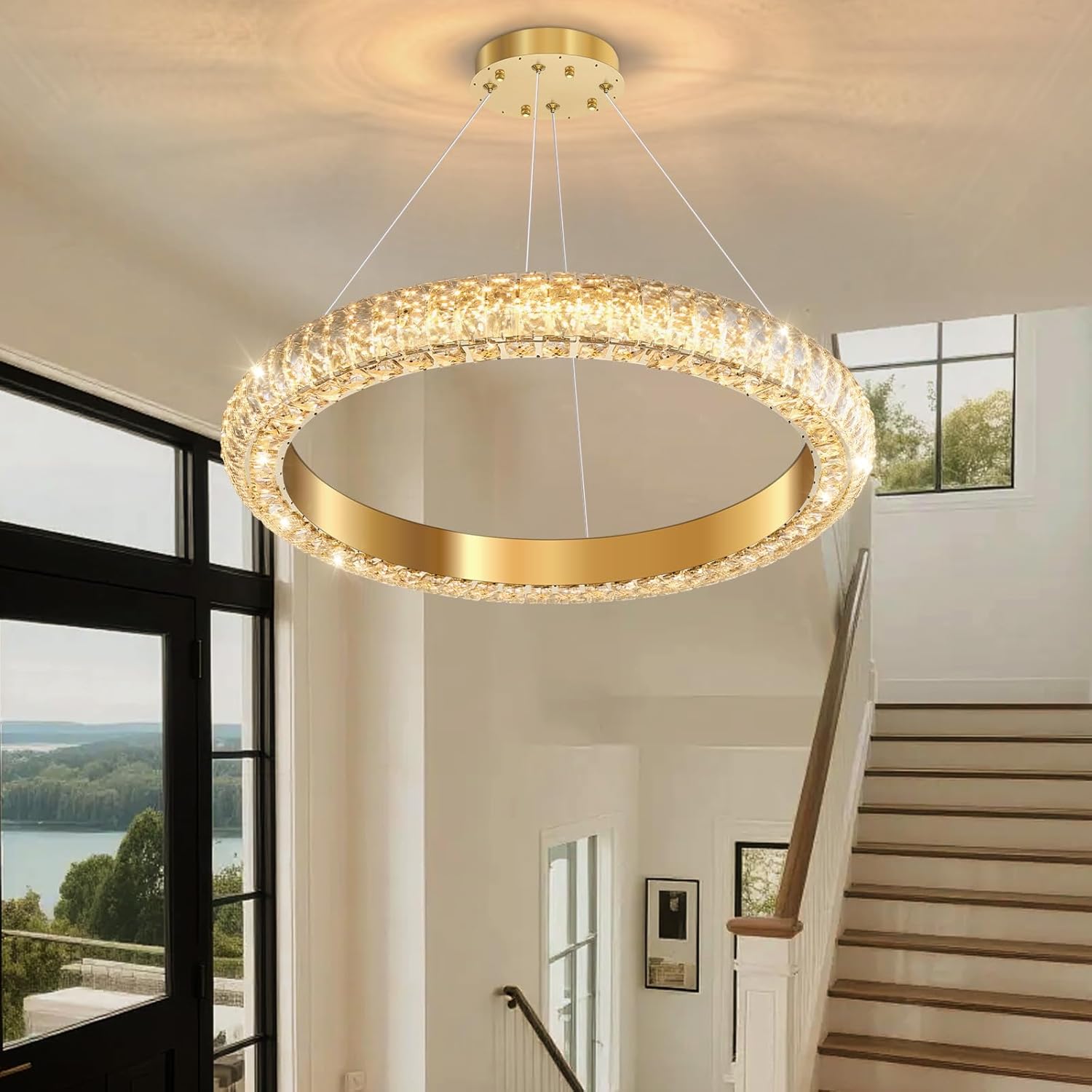 Modern Dimmable LED Ring Chandelier - Adjustable Gold Crystal Pendant Light