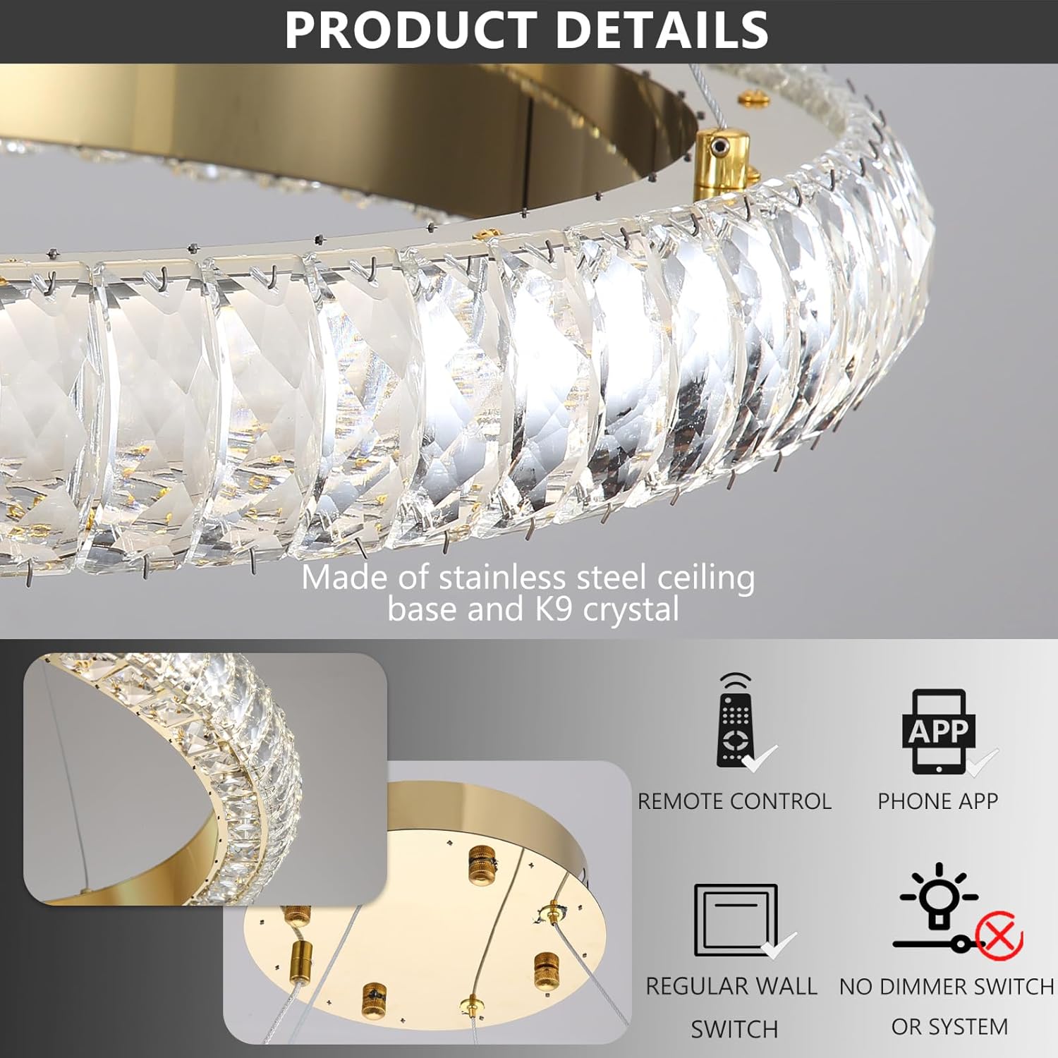 Modern Dimmable LED Ring Chandelier - Adjustable Gold Crystal Pendant Light