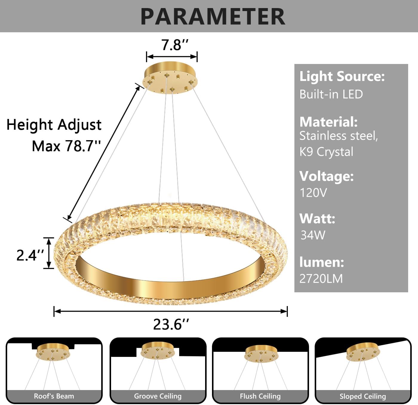 Modern Dimmable LED Ring Chandelier - Adjustable Gold Crystal Pendant Light