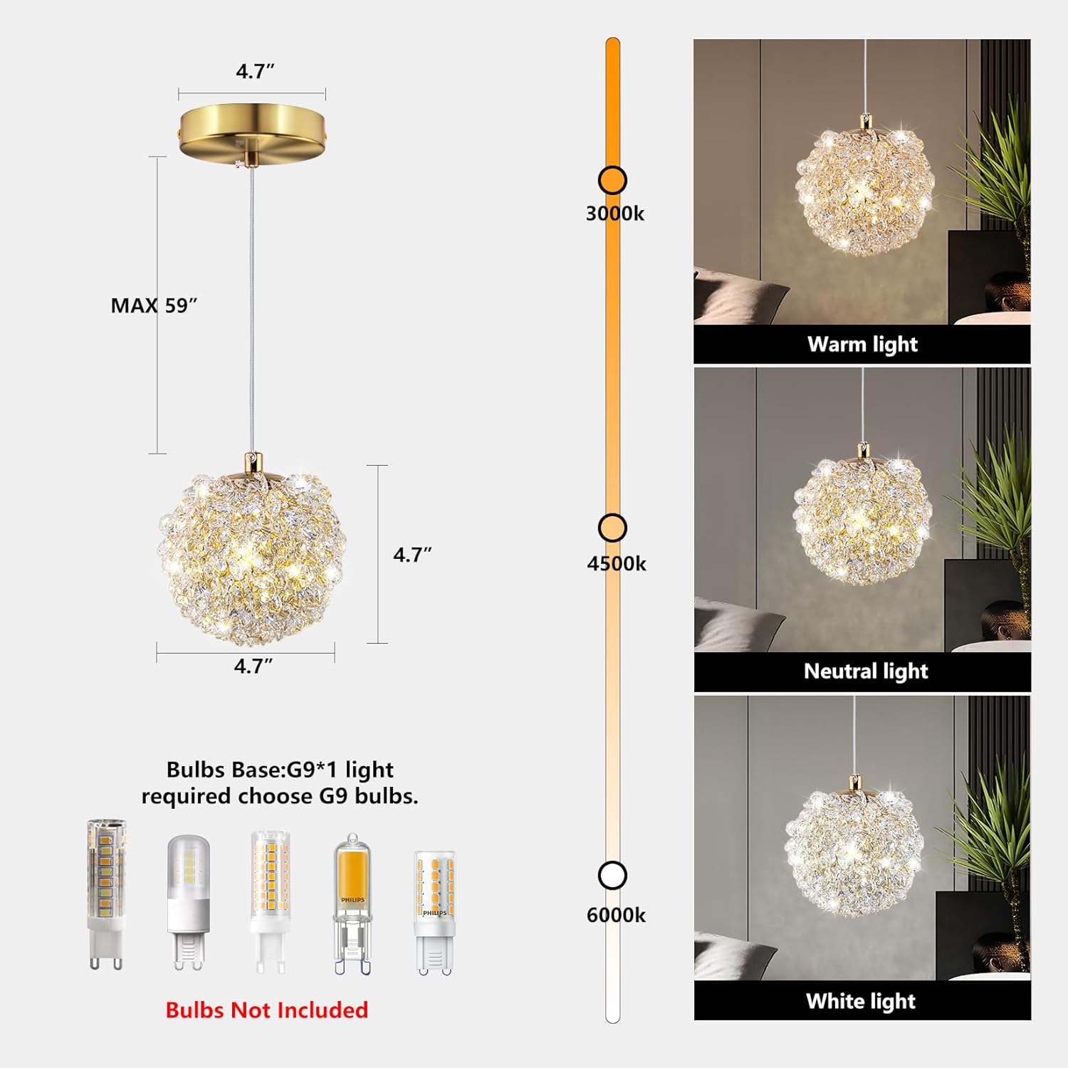 Mini Modern Crystal Pendant Light - Adjustable Gold Hanging Light for Kitchen Island