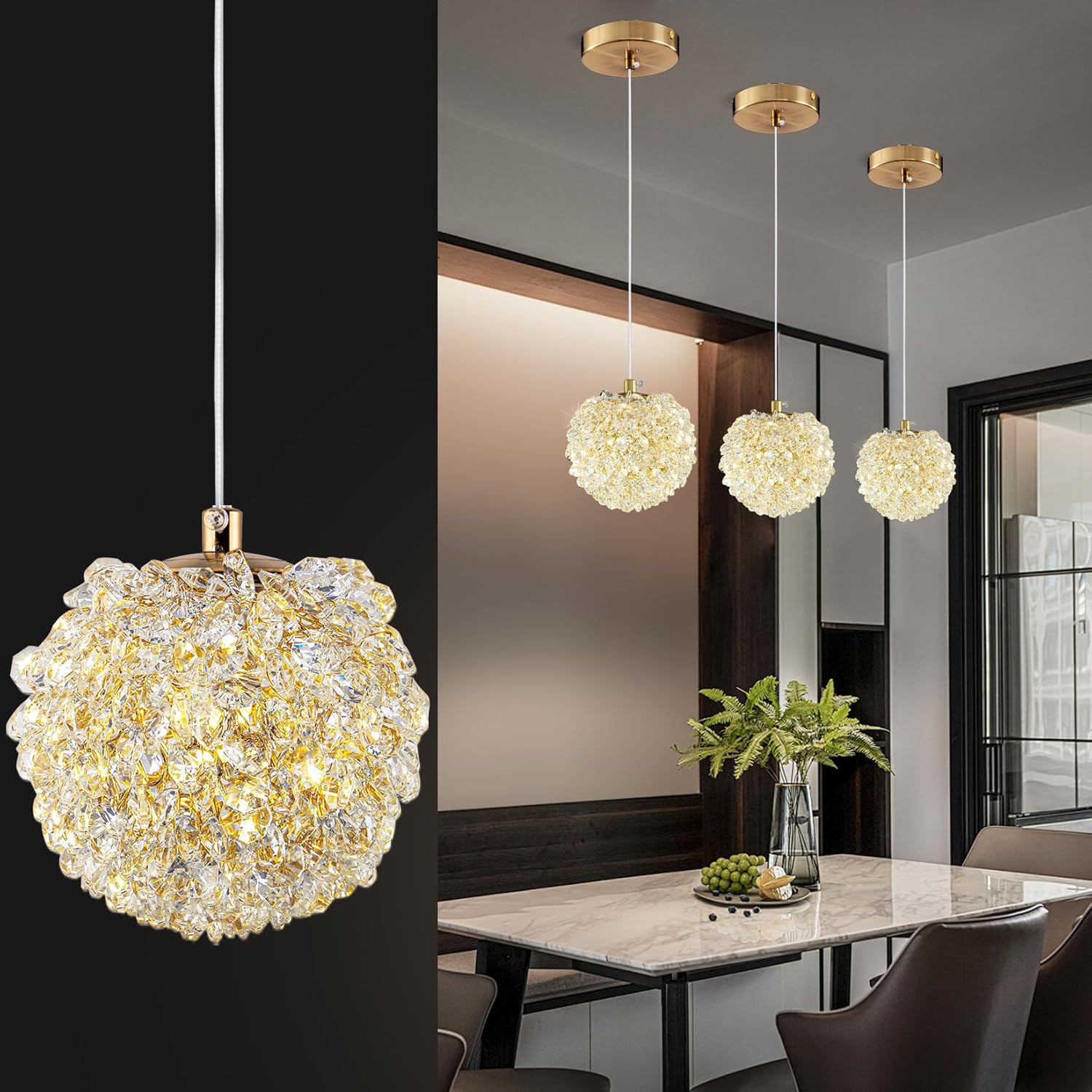 Mini Modern Crystal Pendant Light - Adjustable Gold Hanging Light for Kitchen Island