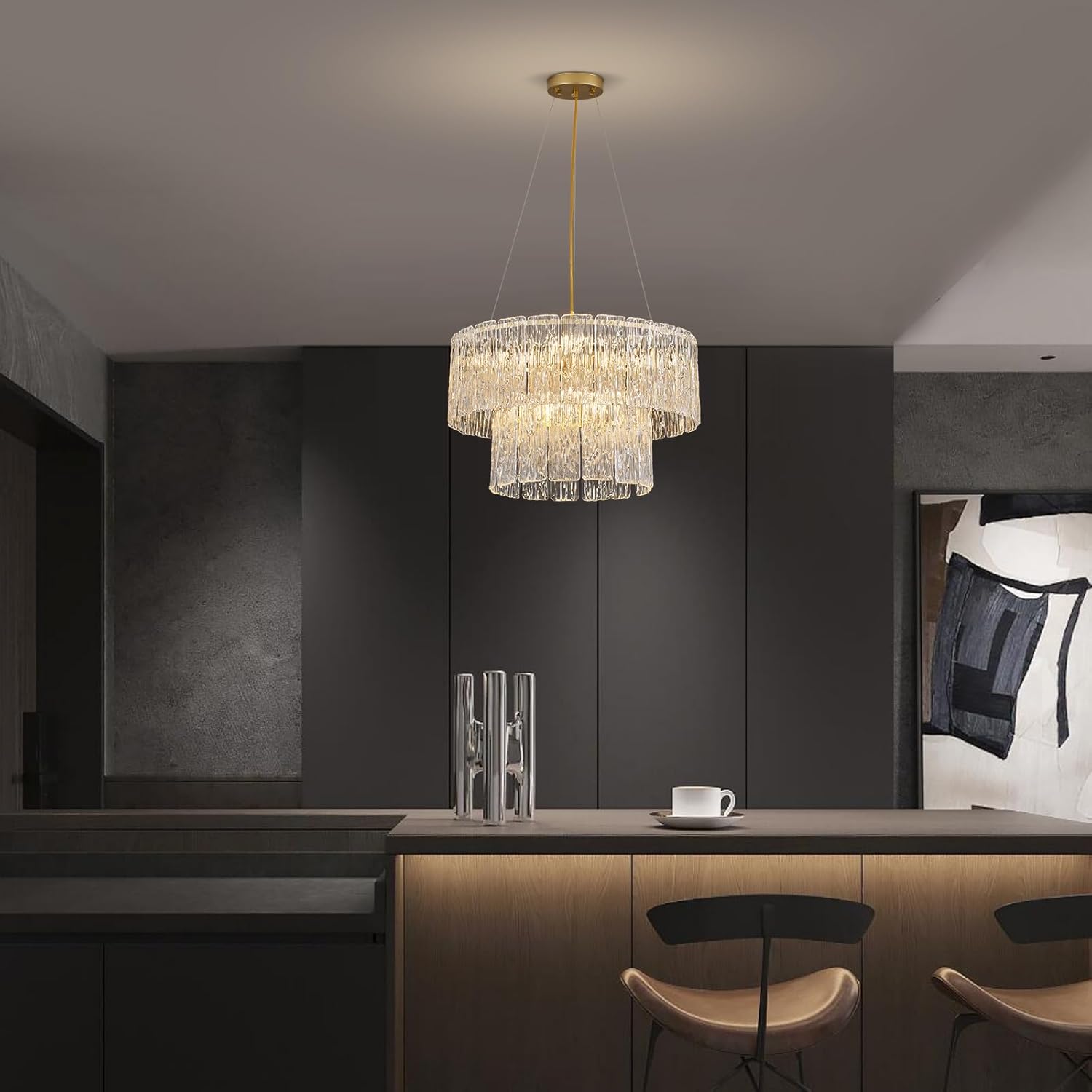 Luxury Water Ripple Glass Tiered Chandelier – Adjustable Gold LED Pendant Light