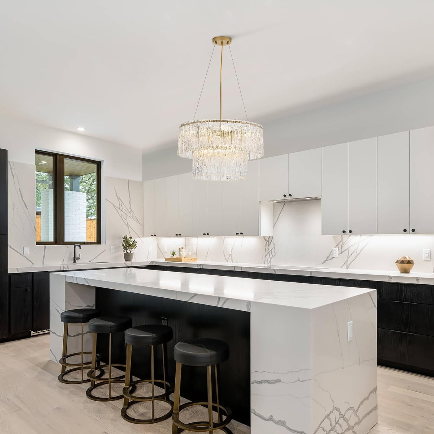 Luxury Water Ripple Glass Tiered Chandelier – Adjustable Gold LED Pendant Light