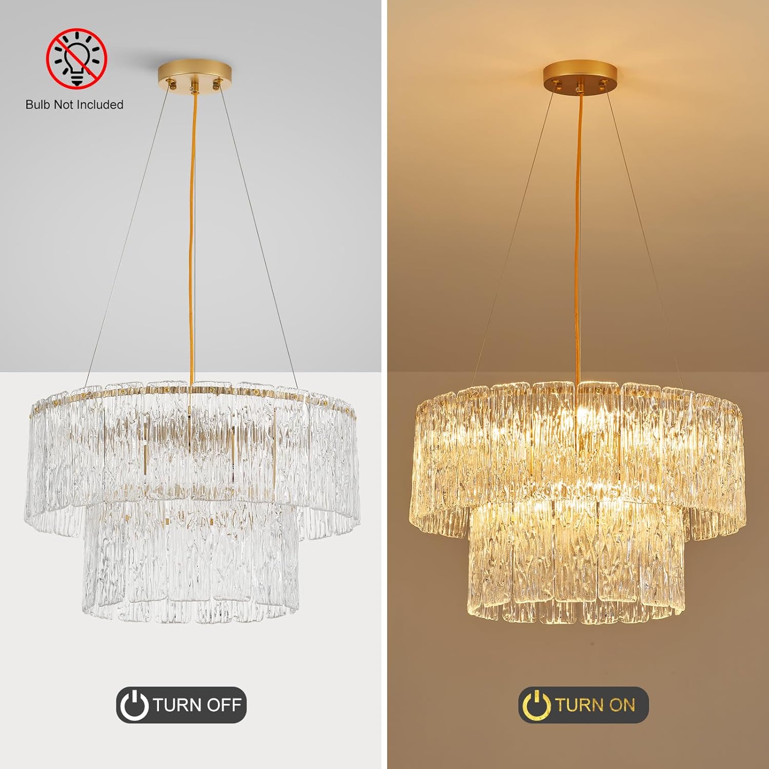 Luxury Water Ripple Glass Tiered Chandelier – Adjustable Gold LED Pendant Light