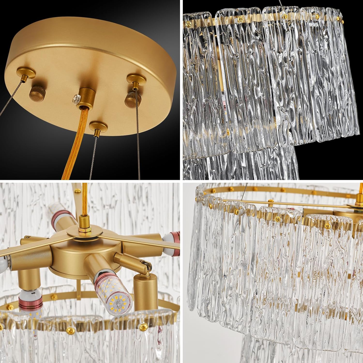 Luxury Water Ripple Glass Tiered Chandelier – Adjustable Gold LED Pendant Light