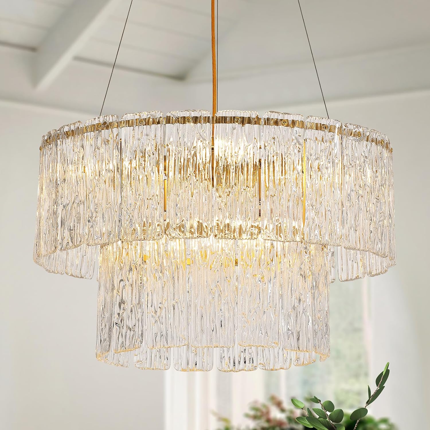 Luxury Water Ripple Glass Tiered Chandelier – Adjustable Gold LED Pendant Light