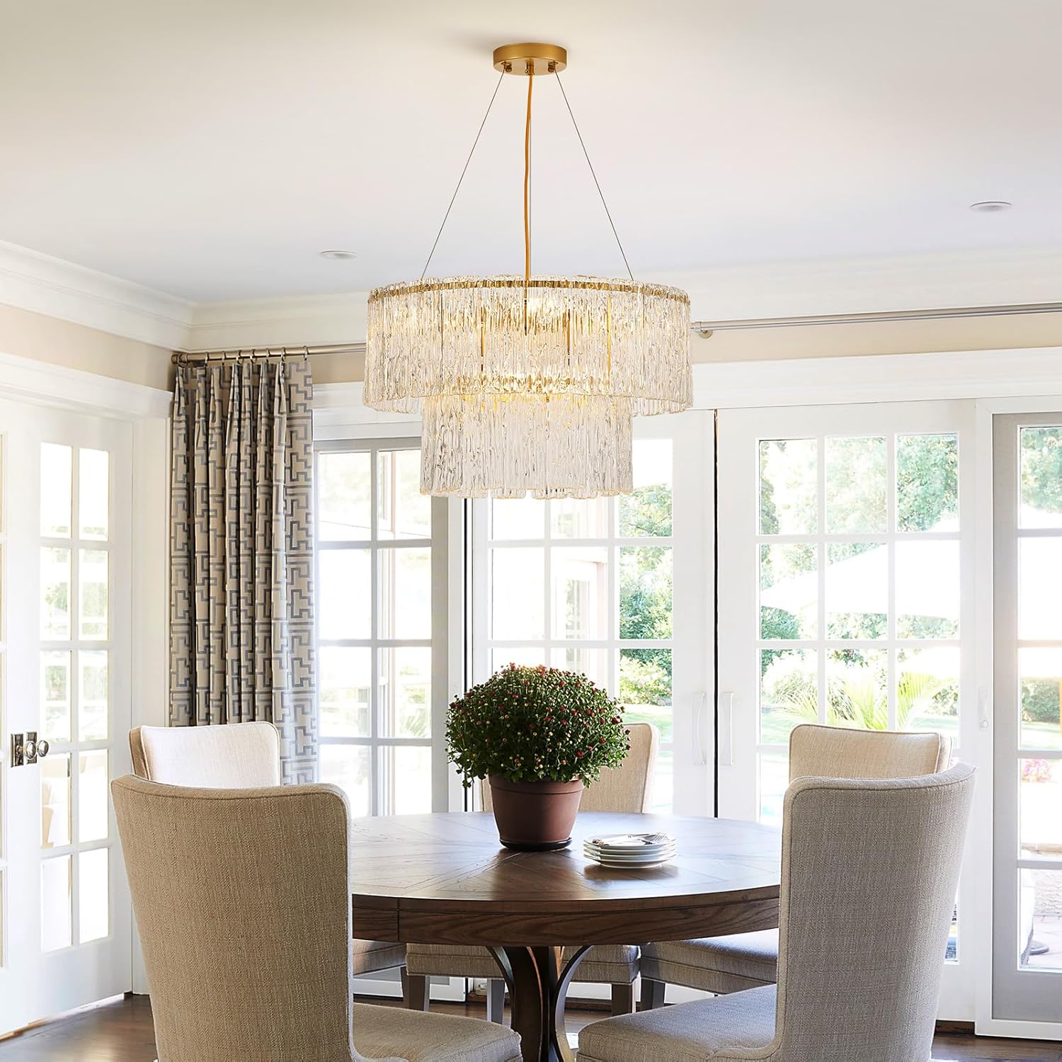 Luxury Water Ripple Glass Tiered Chandelier – Adjustable Gold LED Pendant Light