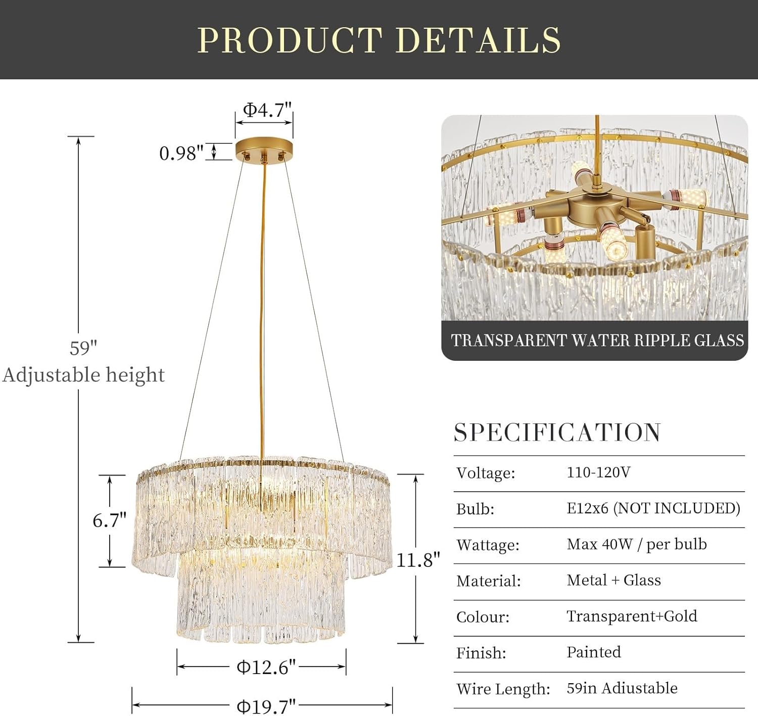 Luxury Water Ripple Glass Tiered Chandelier – Adjustable Gold LED Pendant Light