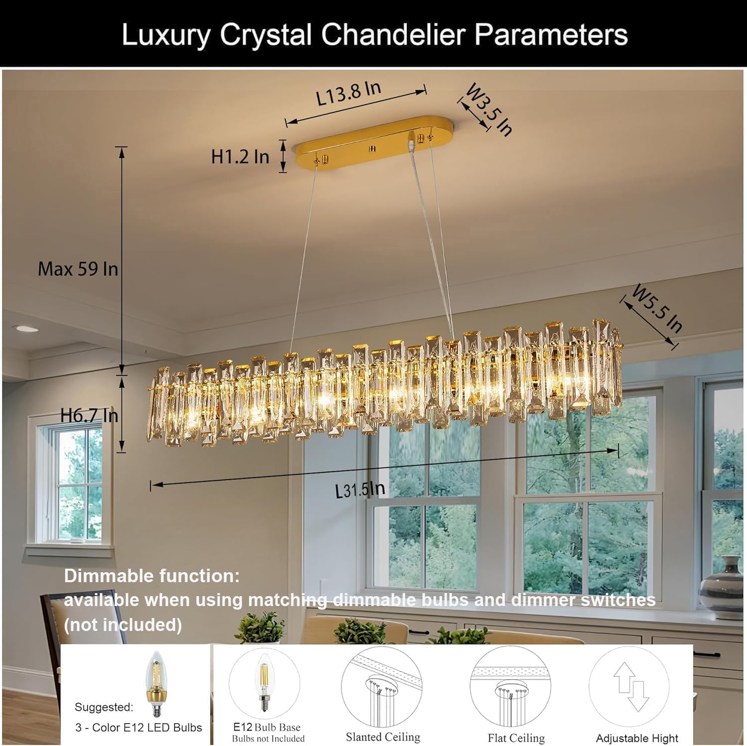 Luxury Crystal Linear Chandelier – Adjustable Gold Pendant Light with K9 Crystal for Dining Room, Kitchen Island