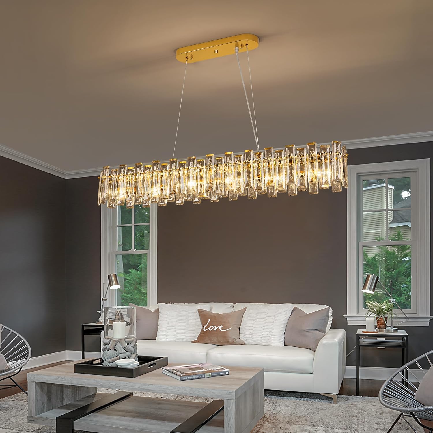 Luxury Crystal Linear Chandelier – Adjustable Gold Pendant Light with K9 Crystal for Dining Room, Kitchen Island
