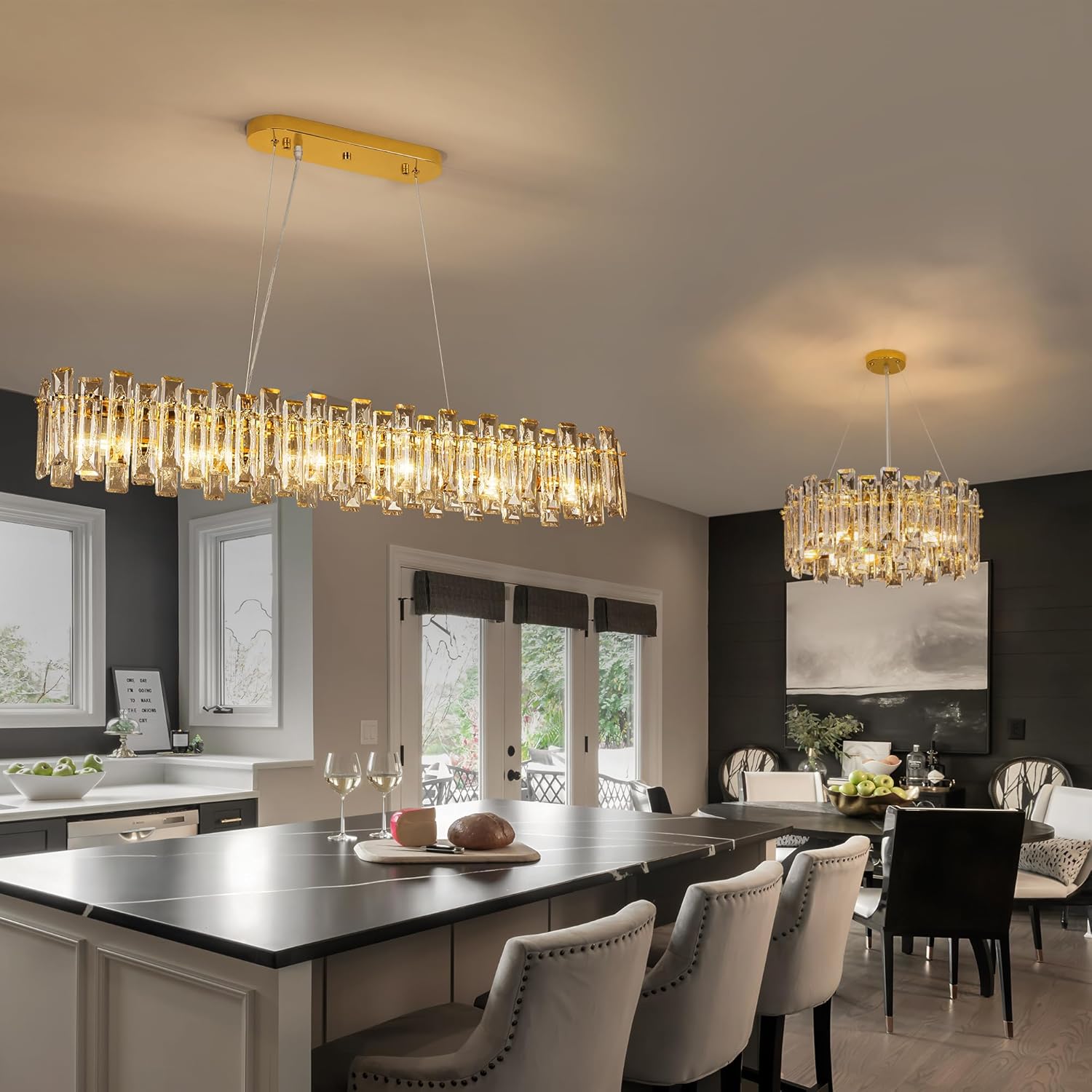 Luxury Crystal Linear Chandelier – Adjustable Gold Pendant Light with K9 Crystal for Dining Room, Kitchen Island