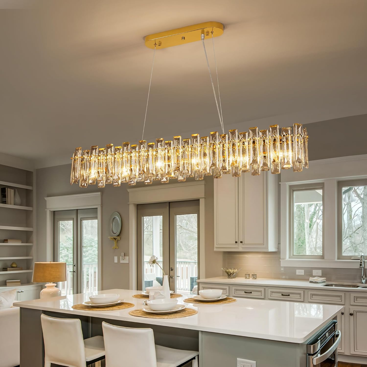 Luxury Crystal Linear Chandelier – Adjustable Gold Pendant Light with K9 Crystal for Dining Room, Kitchen Island