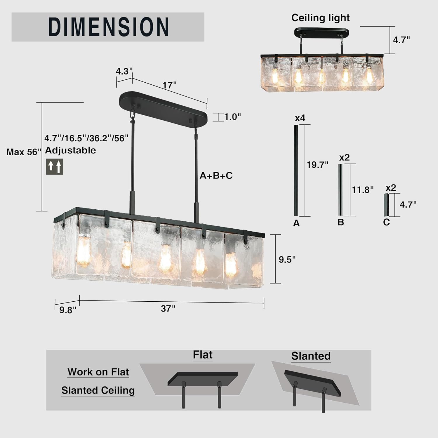Modern Rectangular Black Island Chandelier with Handcrafted Textured Glass Panels – Adjustable Height & Sloped Ceiling Compatible