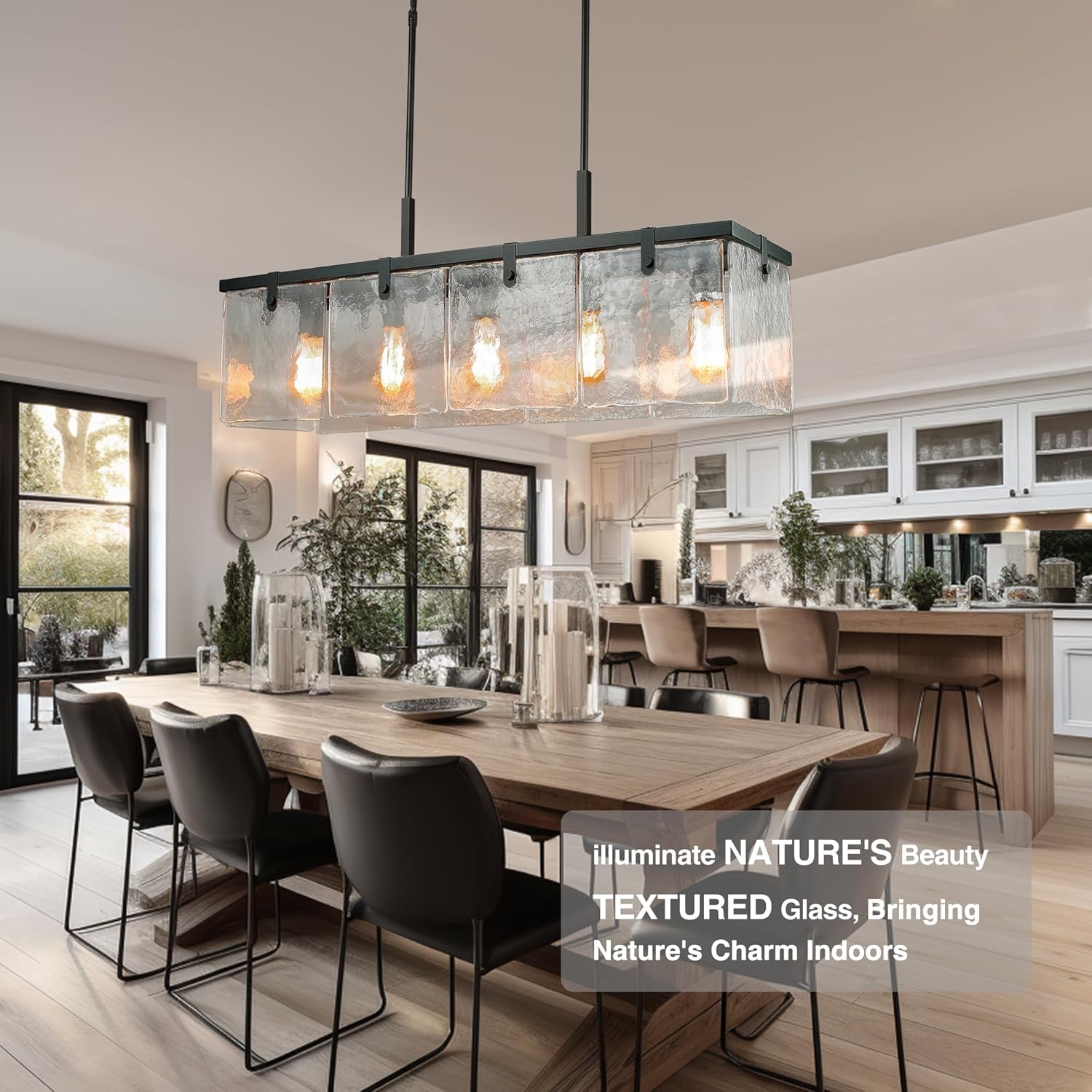 Modern Rectangular Black Island Chandelier with Handcrafted Textured Glass Panels – Adjustable Height & Sloped Ceiling Compatible