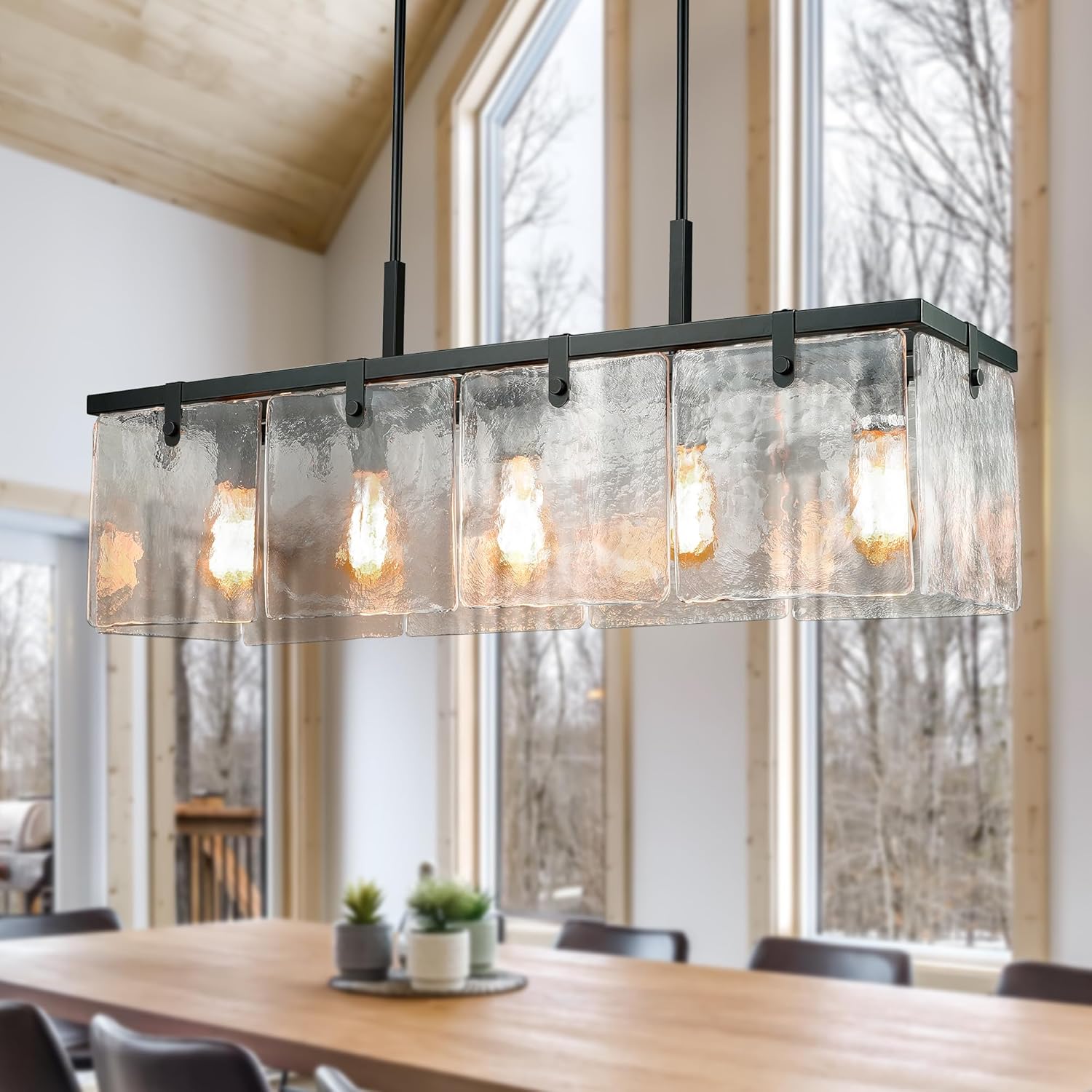 Modern Rectangular Black Island Chandelier with Handcrafted Textured Glass Panels – Adjustable Height & Sloped Ceiling Compatible