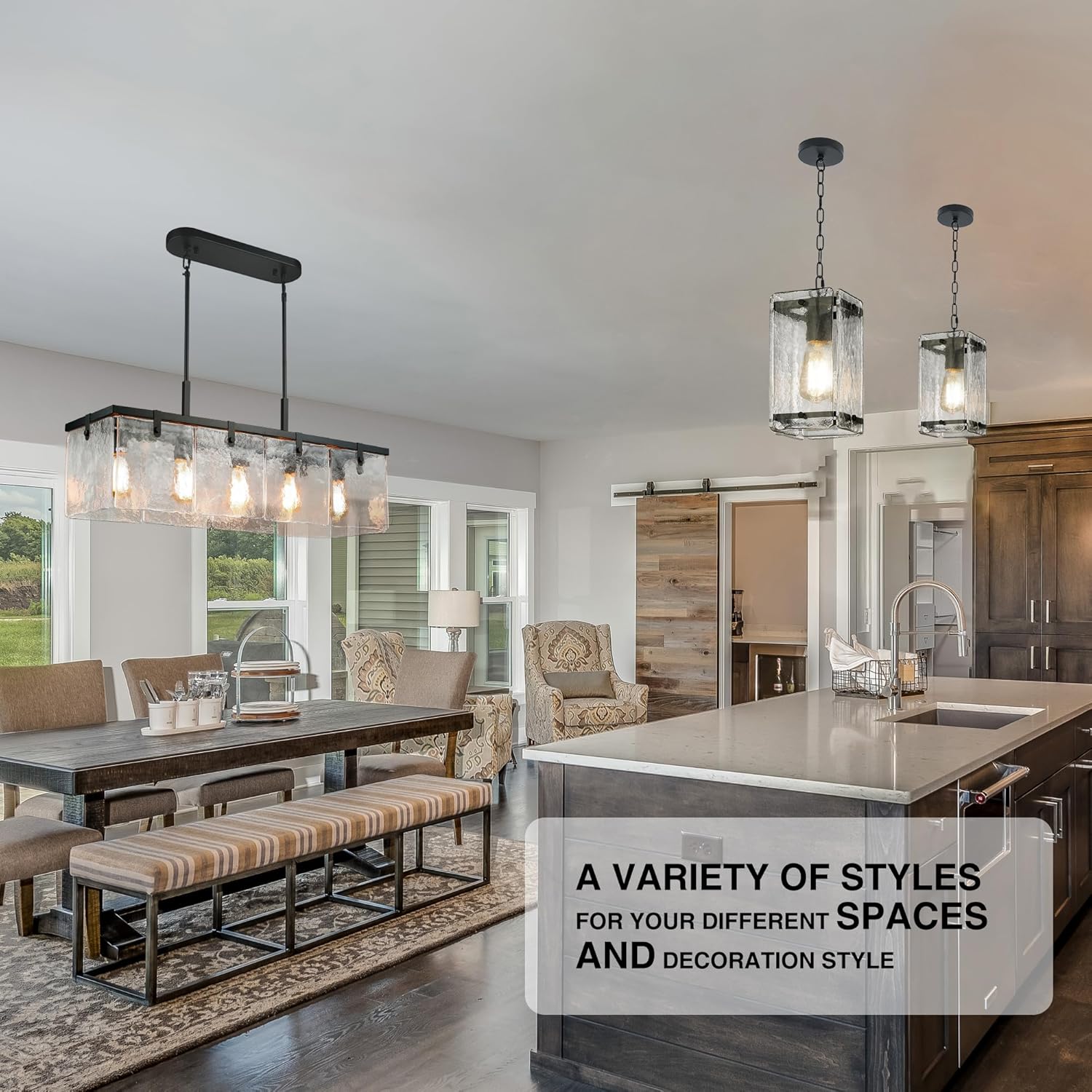 Modern Rectangular Black Island Chandelier with Handcrafted Textured Glass Panels – Adjustable Height & Sloped Ceiling Compatible