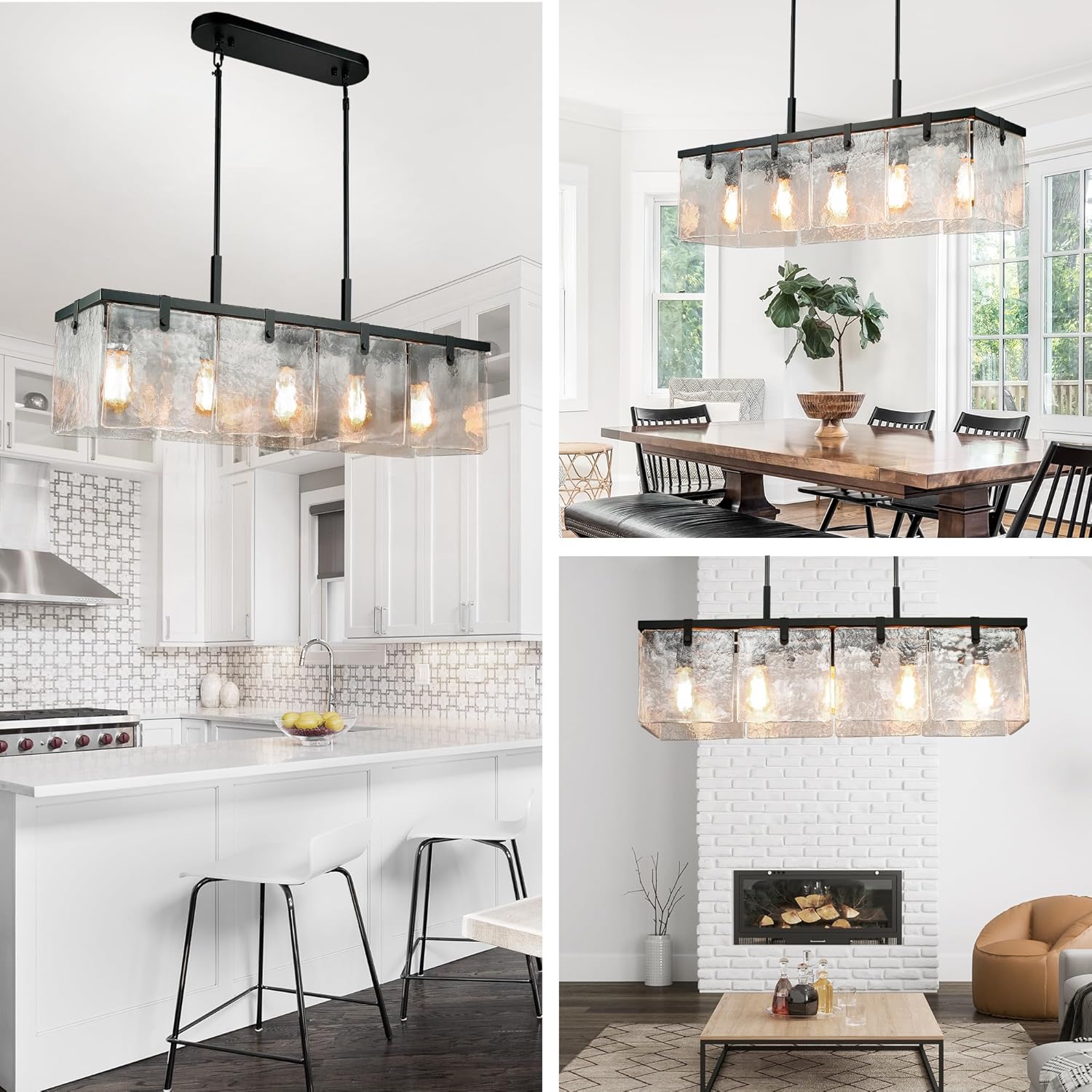 Modern Rectangular Black Island Chandelier with Handcrafted Textured Glass Panels – Adjustable Height & Sloped Ceiling Compatible