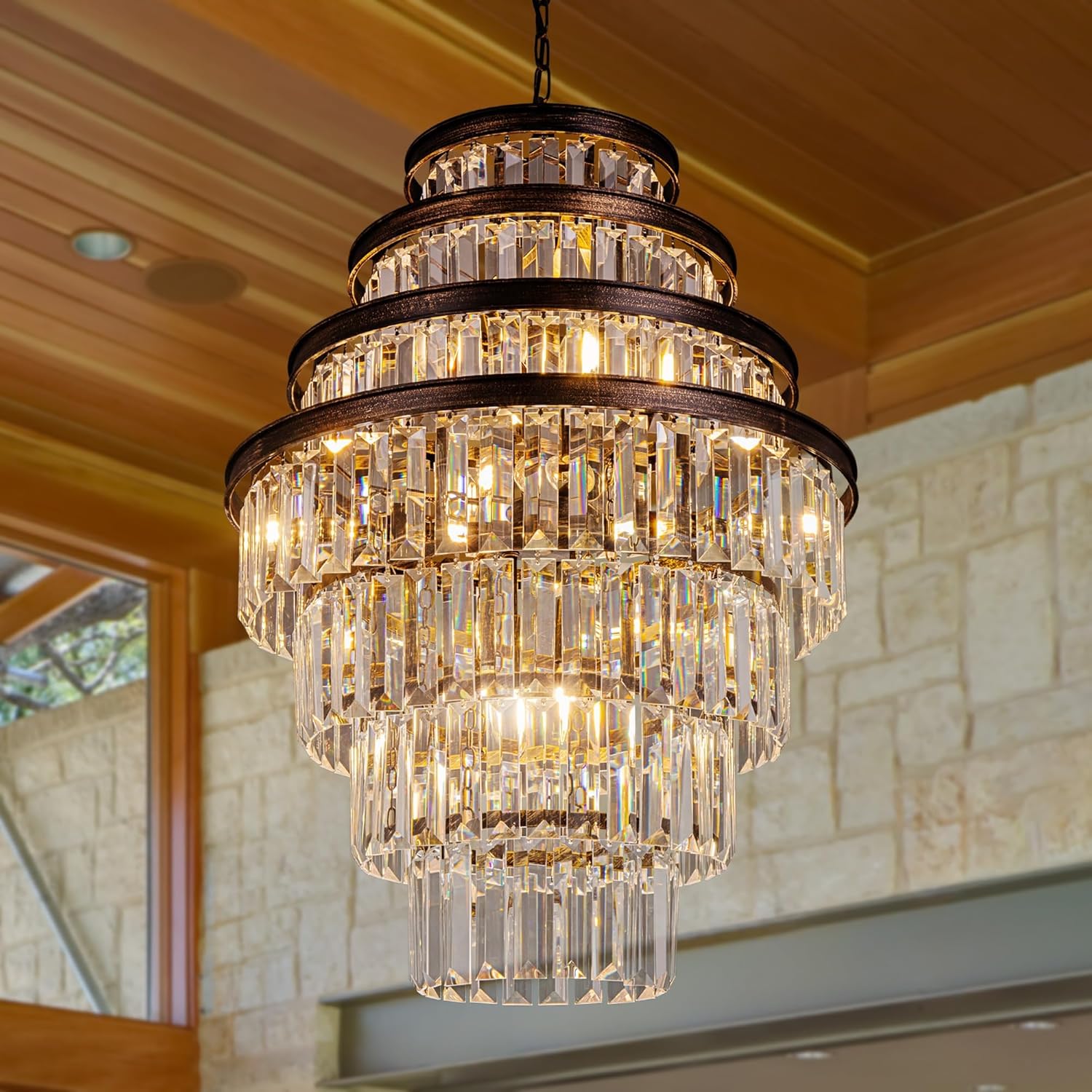 Antique Bronze Multi-Tier Crystal Chandelier with Adjustable Hanging Chain