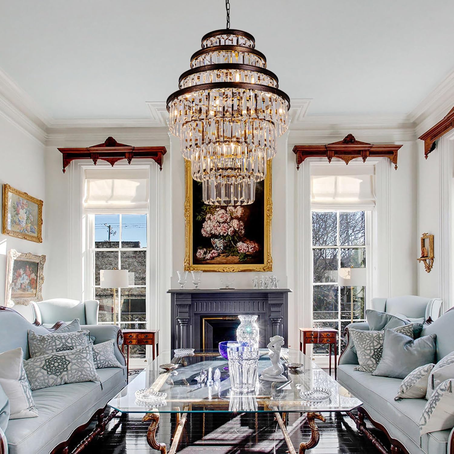 Antique Bronze Multi-Tier Crystal Chandelier with Adjustable Hanging Chain