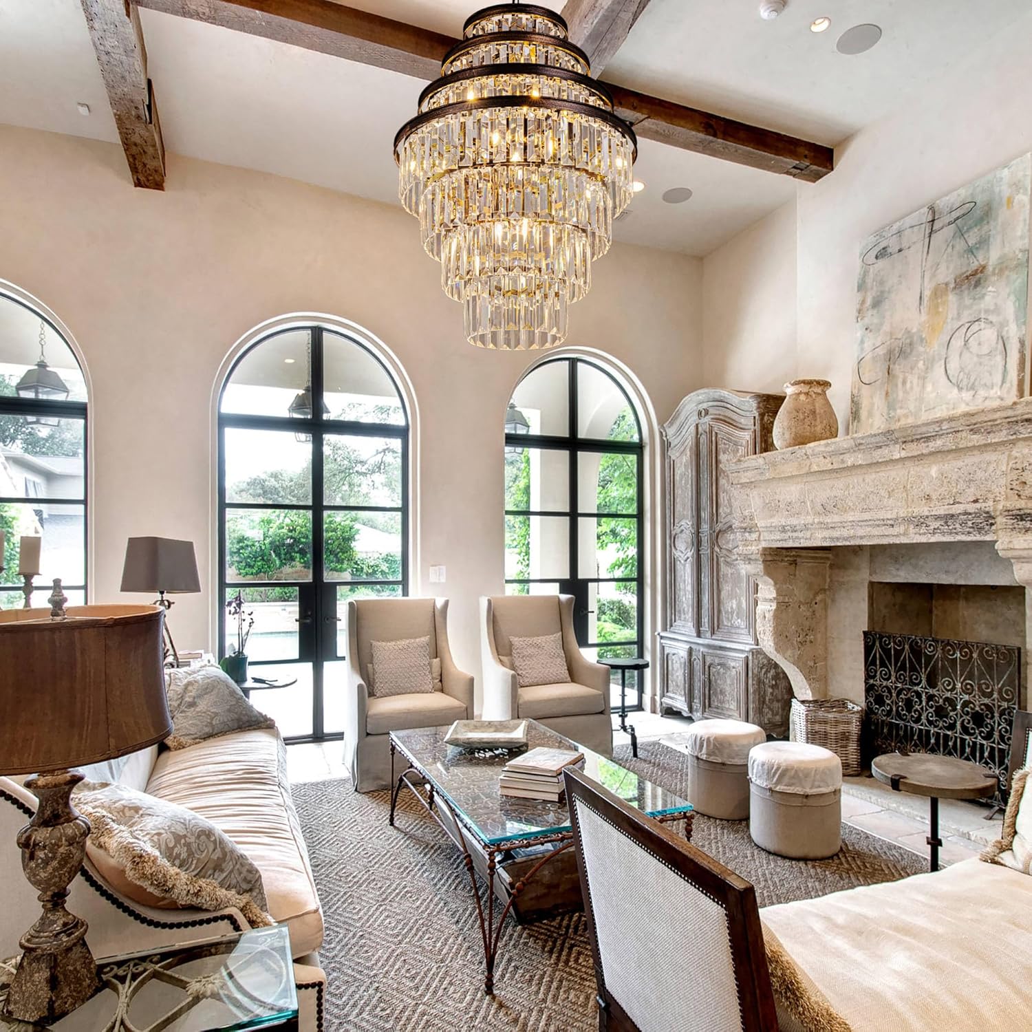 Antique Bronze Multi-Tier Crystal Chandelier with Adjustable Hanging Chain