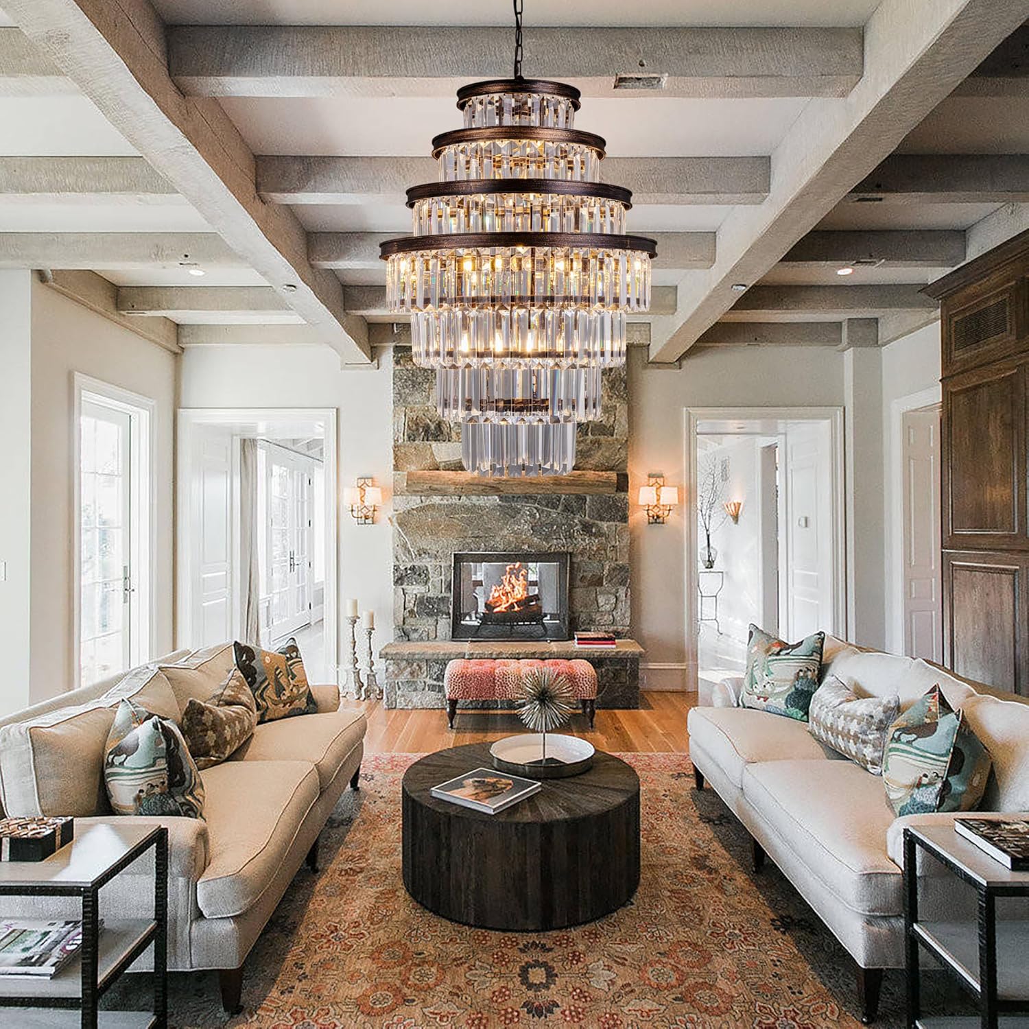 Antique Bronze Multi-Tier Crystal Chandelier with Adjustable Hanging Chain