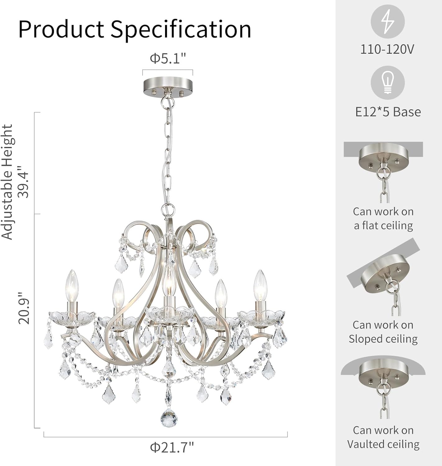 Elegant Modern Crystal Chandelier 5-Light Adjustable Height Luxury Ceiling Pendant Lighting