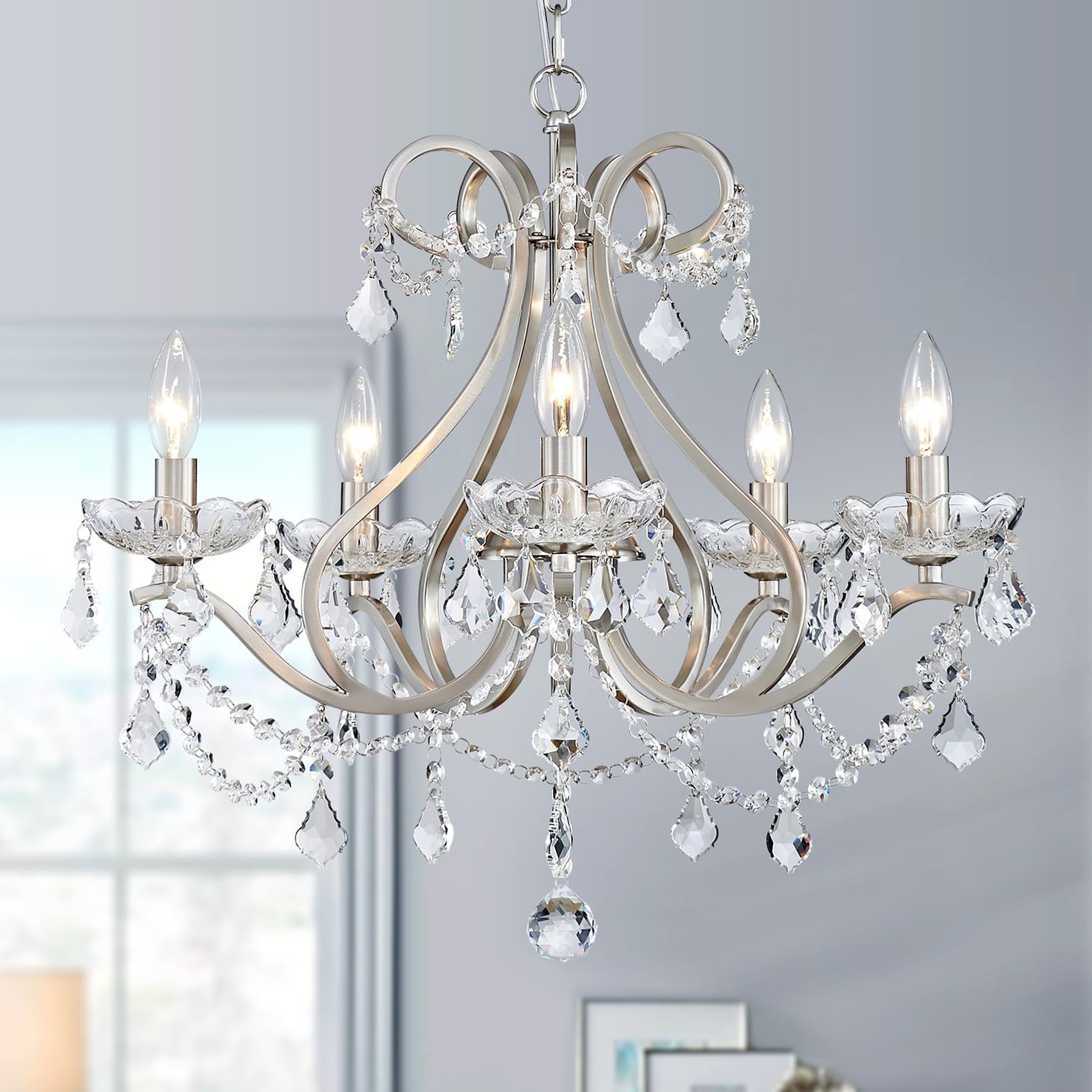 Elegant Modern Crystal Chandelier 5-Light Adjustable Height Luxury Ceiling Pendant Lighting