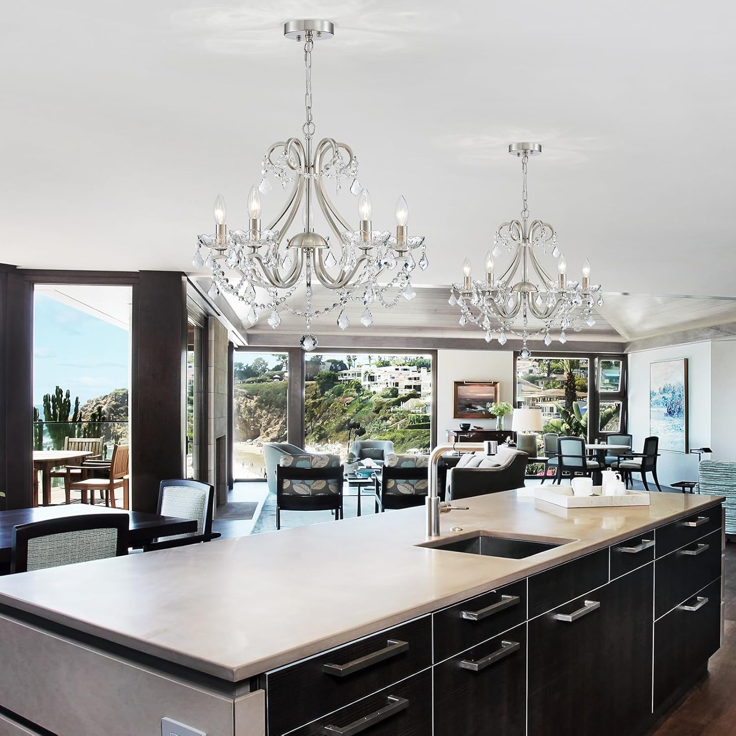 Elegant Modern Crystal Chandelier 5-Light Adjustable Height Luxury Ceiling Pendant Lighting