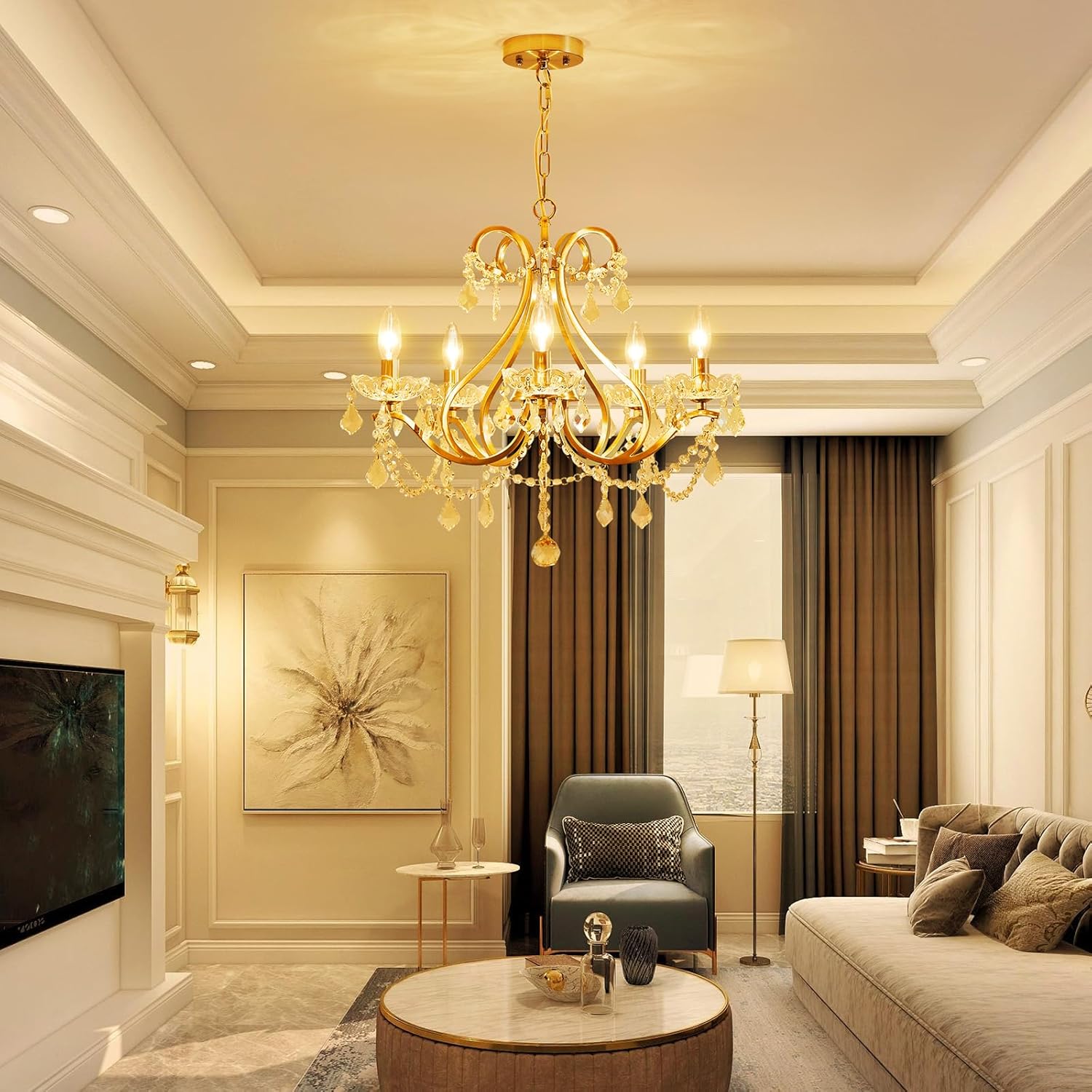 Elegant Modern Crystal Chandelier 5-Light Adjustable Height Luxury Ceiling Pendant Lighting