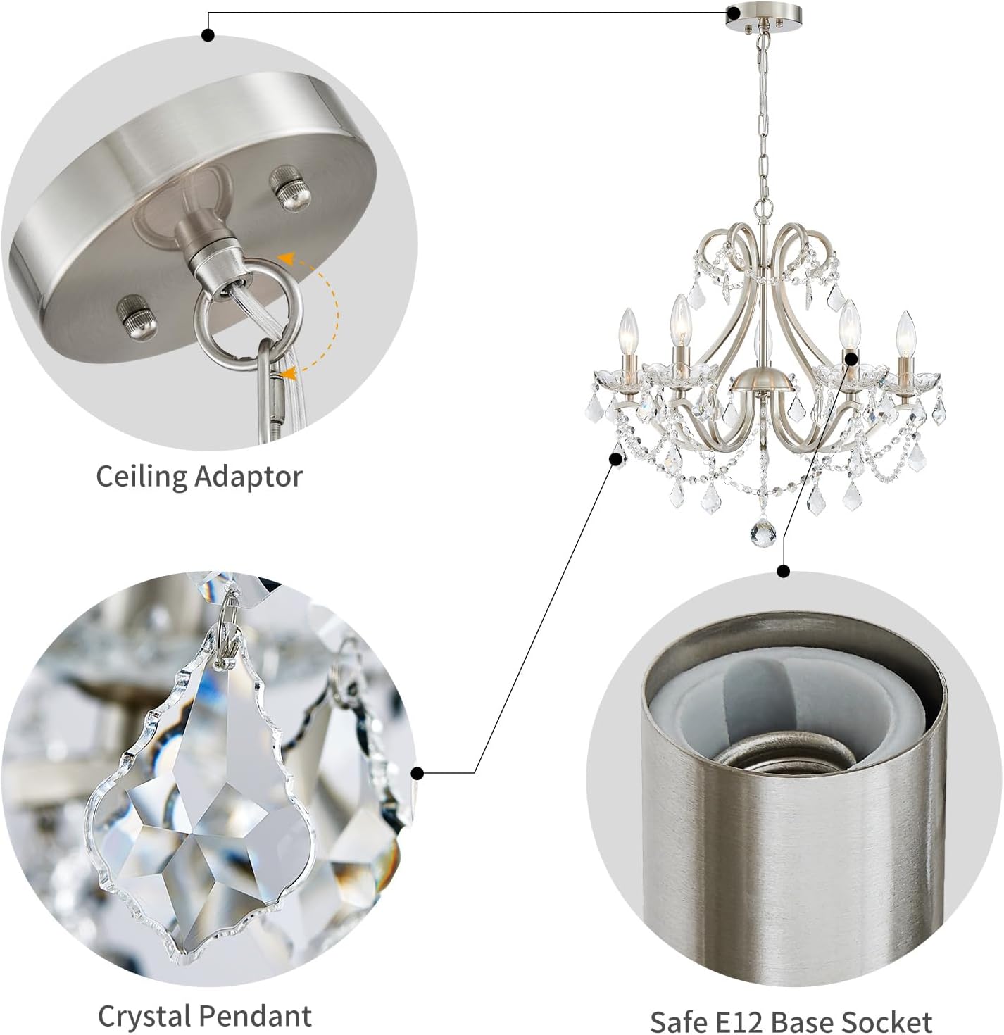 Elegant Modern Crystal Chandelier 5-Light Adjustable Height Luxury Ceiling Pendant Lighting