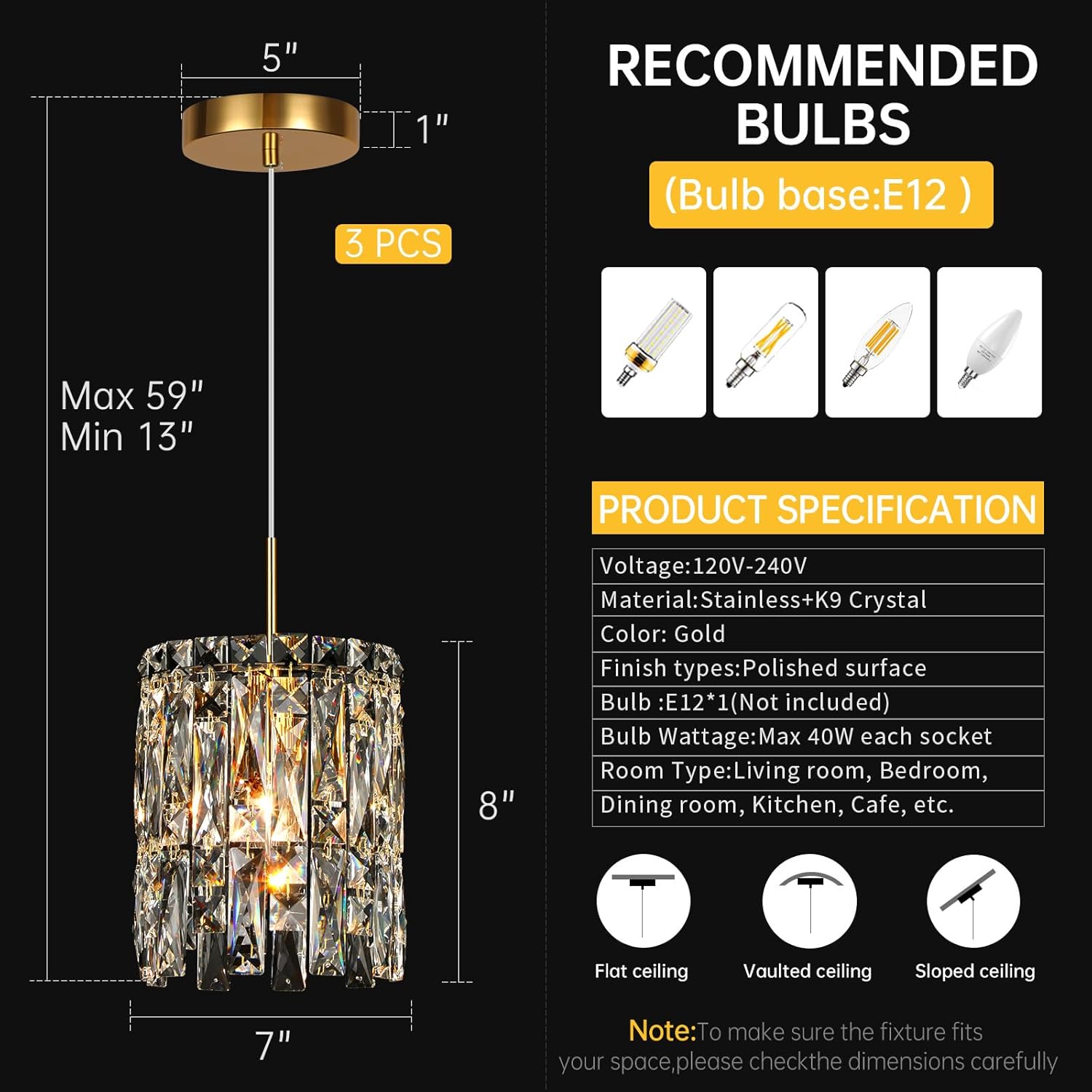 Modern Gold Crystal Pendant Light with E12 Base – Adjustable Height Luxury Hanging Light for Kitchen Island, Dining Room, Bedroom