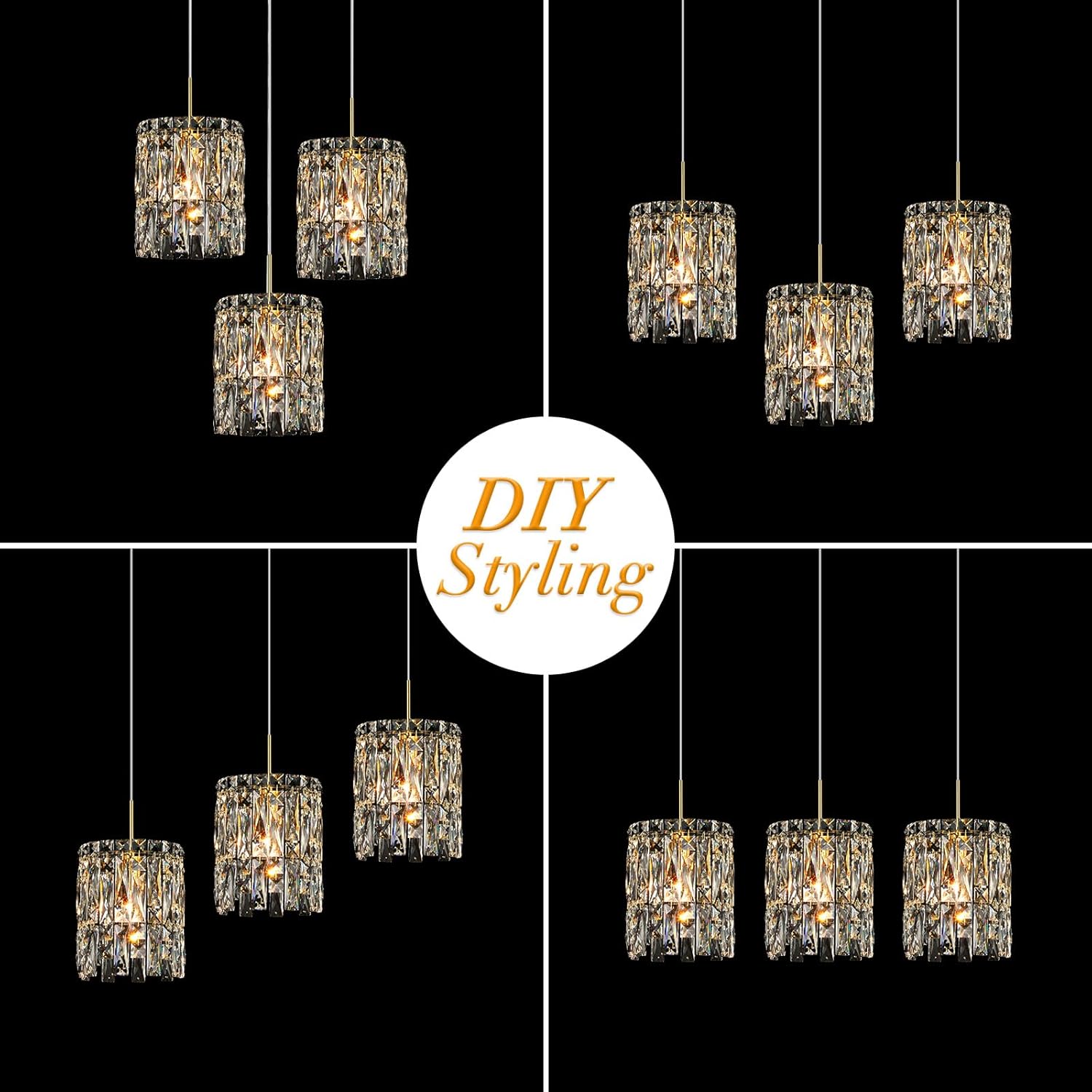 Modern Gold Crystal Pendant Light with E12 Base – Adjustable Height Luxury Hanging Light for Kitchen Island, Dining Room, Bedroom