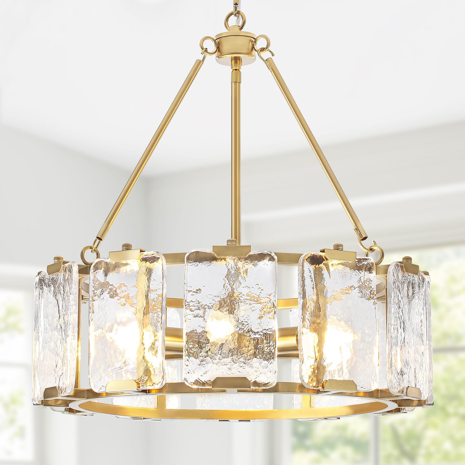 Modern Gold Round Crystal Chandelier with E12 Base – Adjustable Height Luxury Pendant Light Fixture