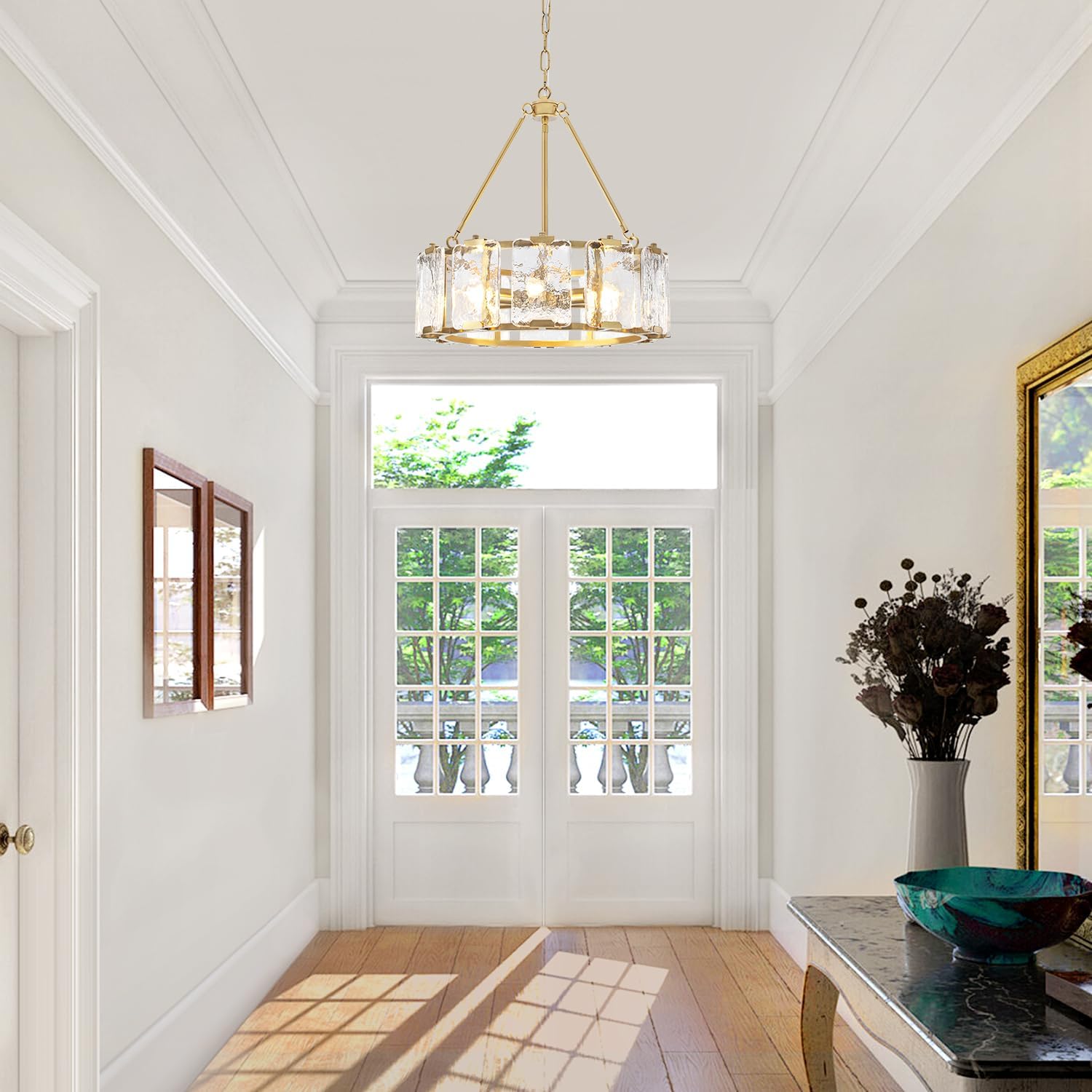 Modern Gold Round Crystal Chandelier with E12 Base – Adjustable Height Luxury Pendant Light Fixture