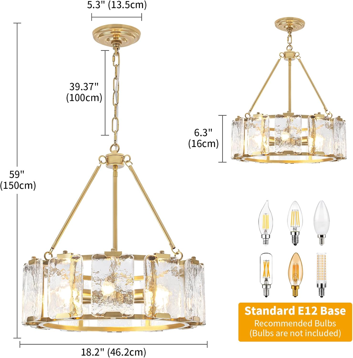 Modern Gold Round Crystal Chandelier with E12 Base – Adjustable Height Luxury Pendant Light Fixture