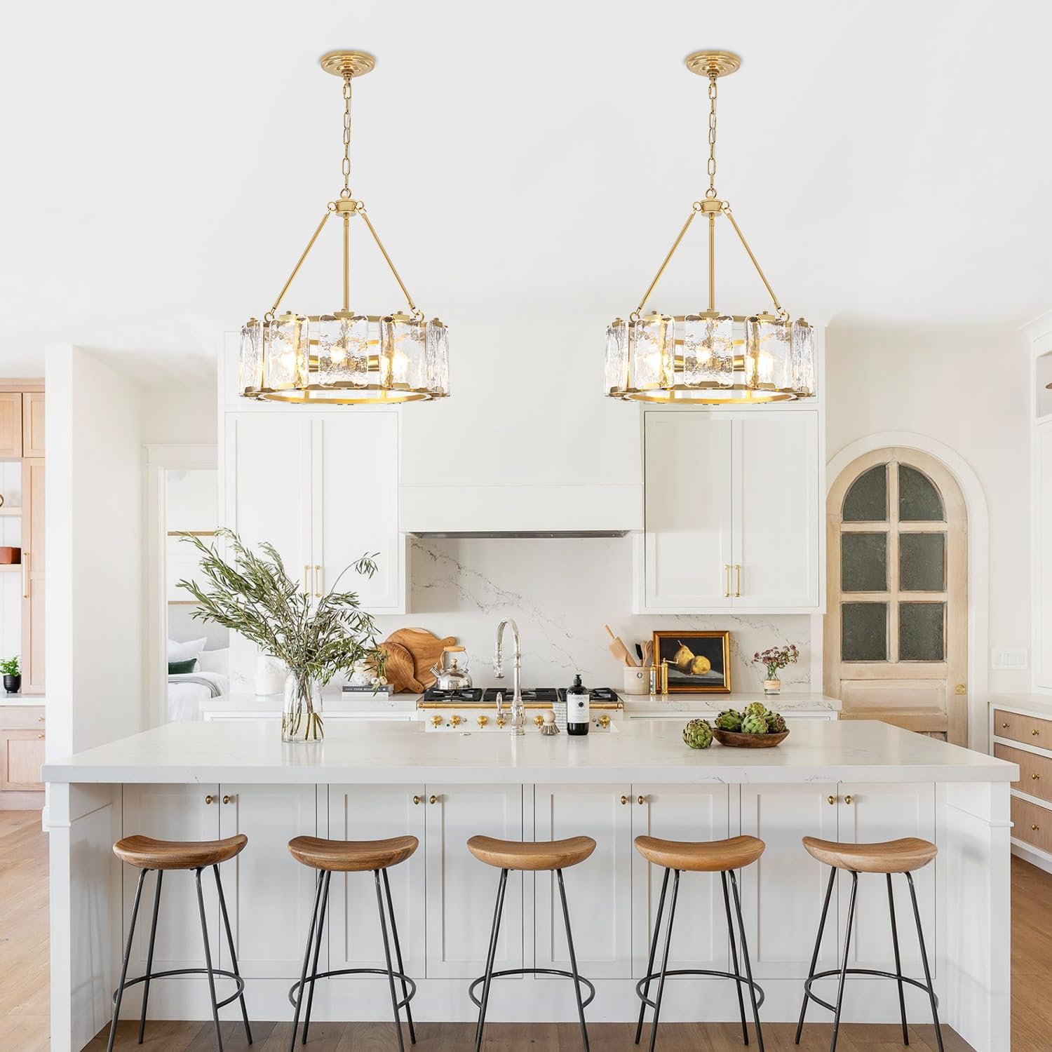 Modern Gold Round Crystal Chandelier with E12 Base – Adjustable Height Luxury Pendant Light Fixture