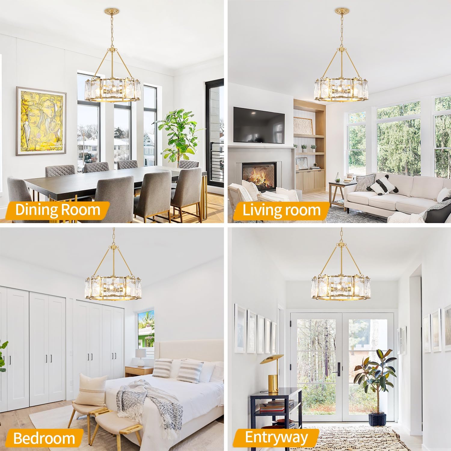 Modern Gold Round Crystal Chandelier with E12 Base – Adjustable Height Luxury Pendant Light Fixture